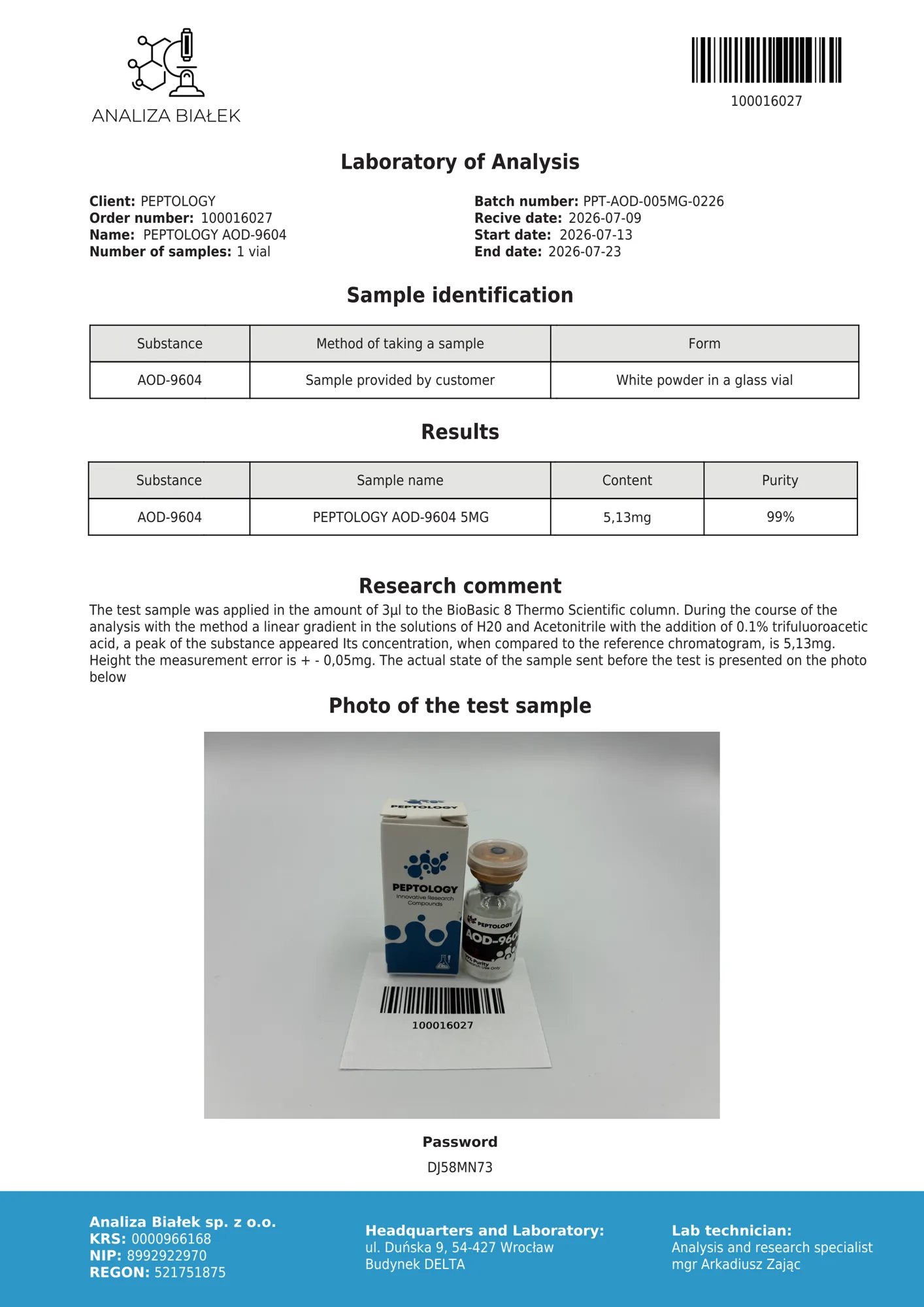 AOD-9604 5 mg – certifikát čistoty HPLC, šarže 0226