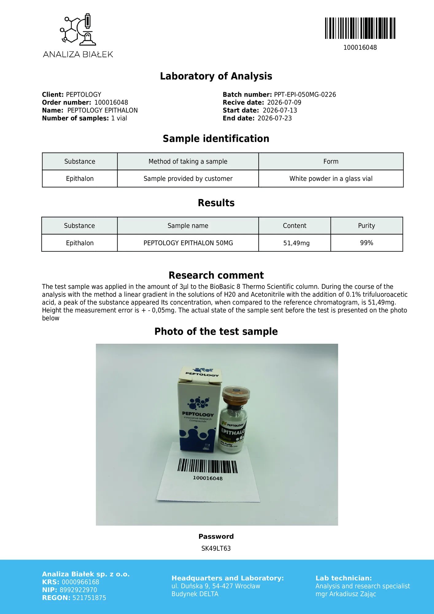 Epithalon 50 mg – certifikát čistoty HPLC, šarže 0226