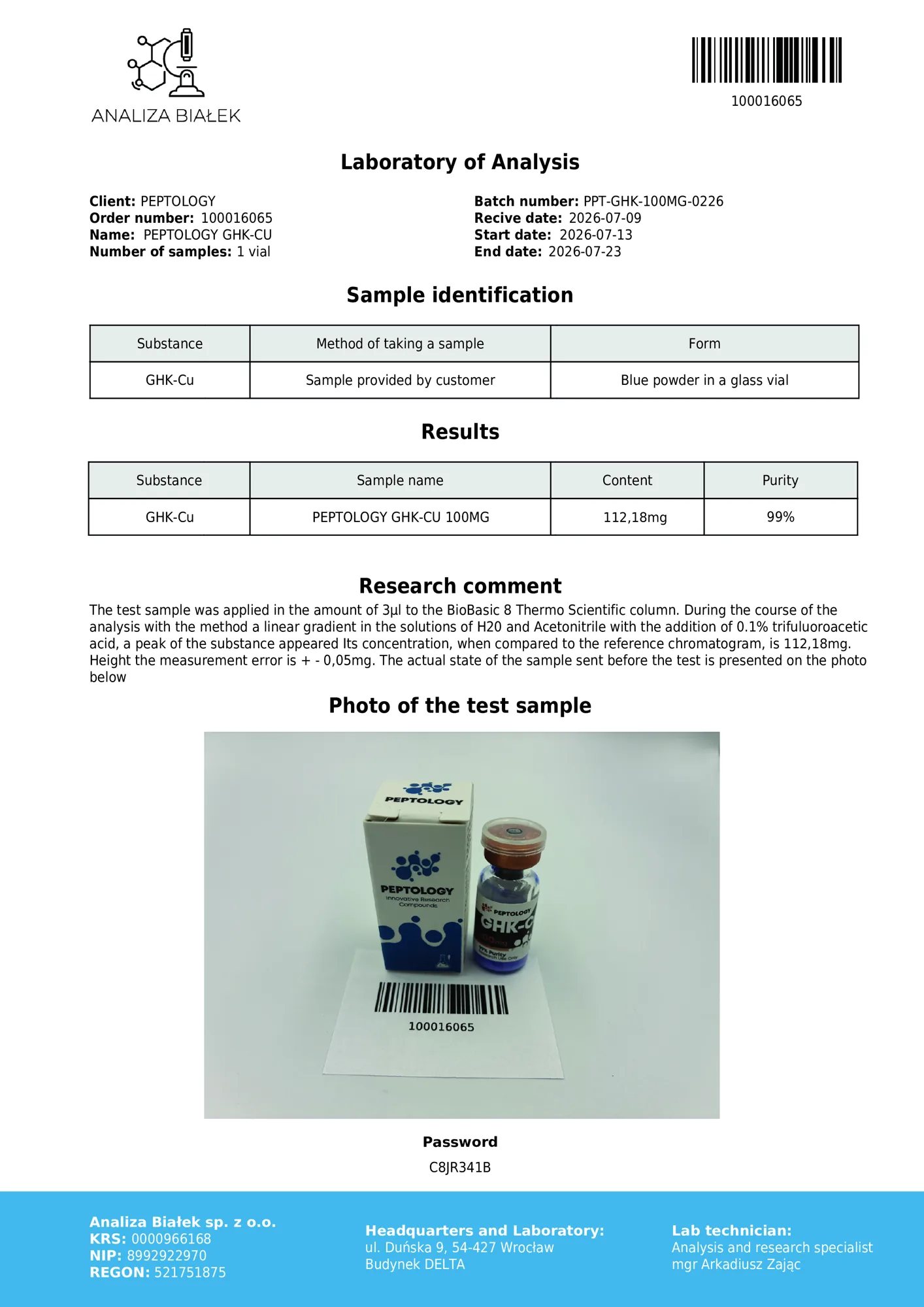 GHK-Cu 100 mg – certifikát čistoty HPLC, šarže 0226