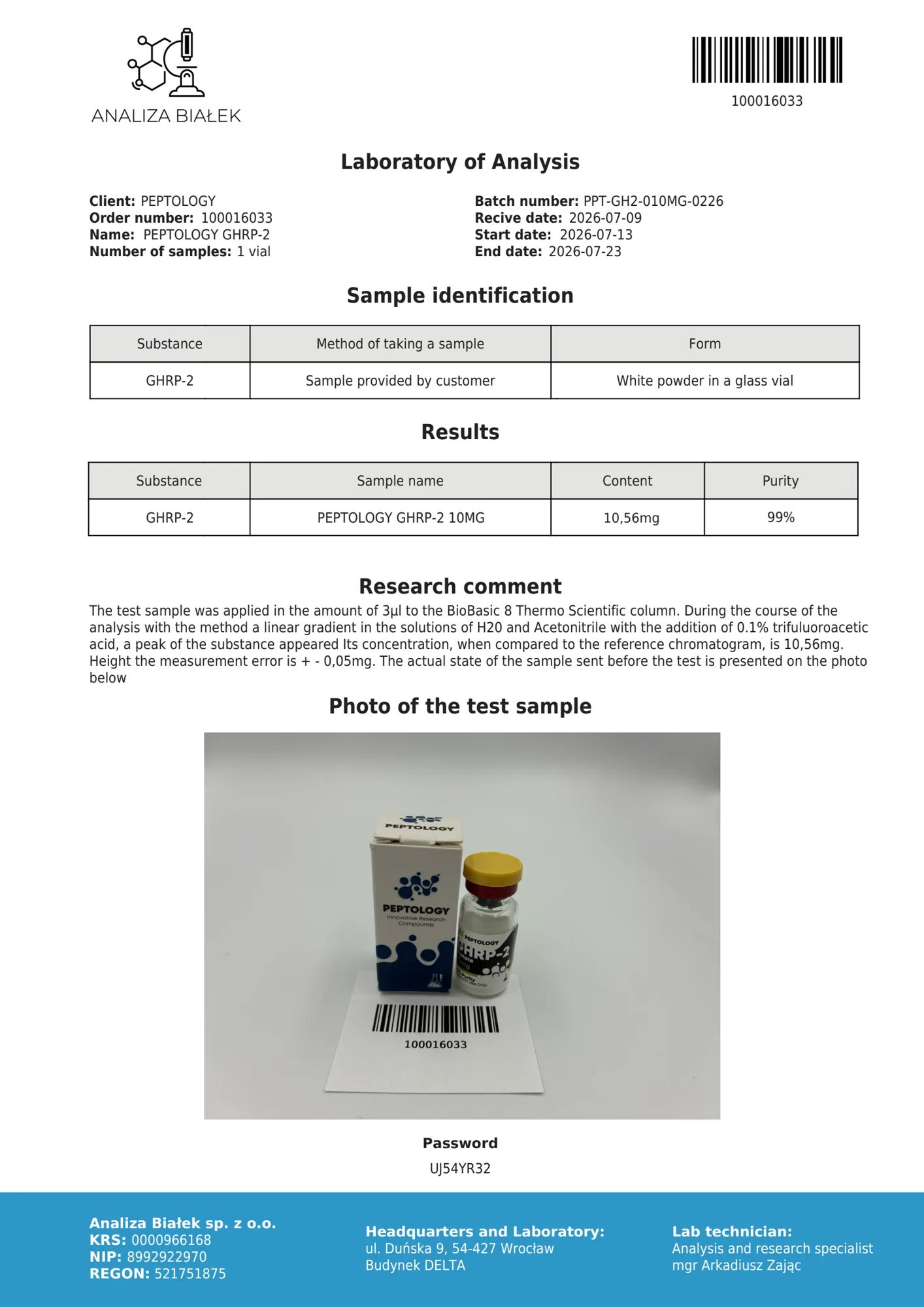 GHRP-2 10 mg – certifikát čistoty HPLC, šarže 0226