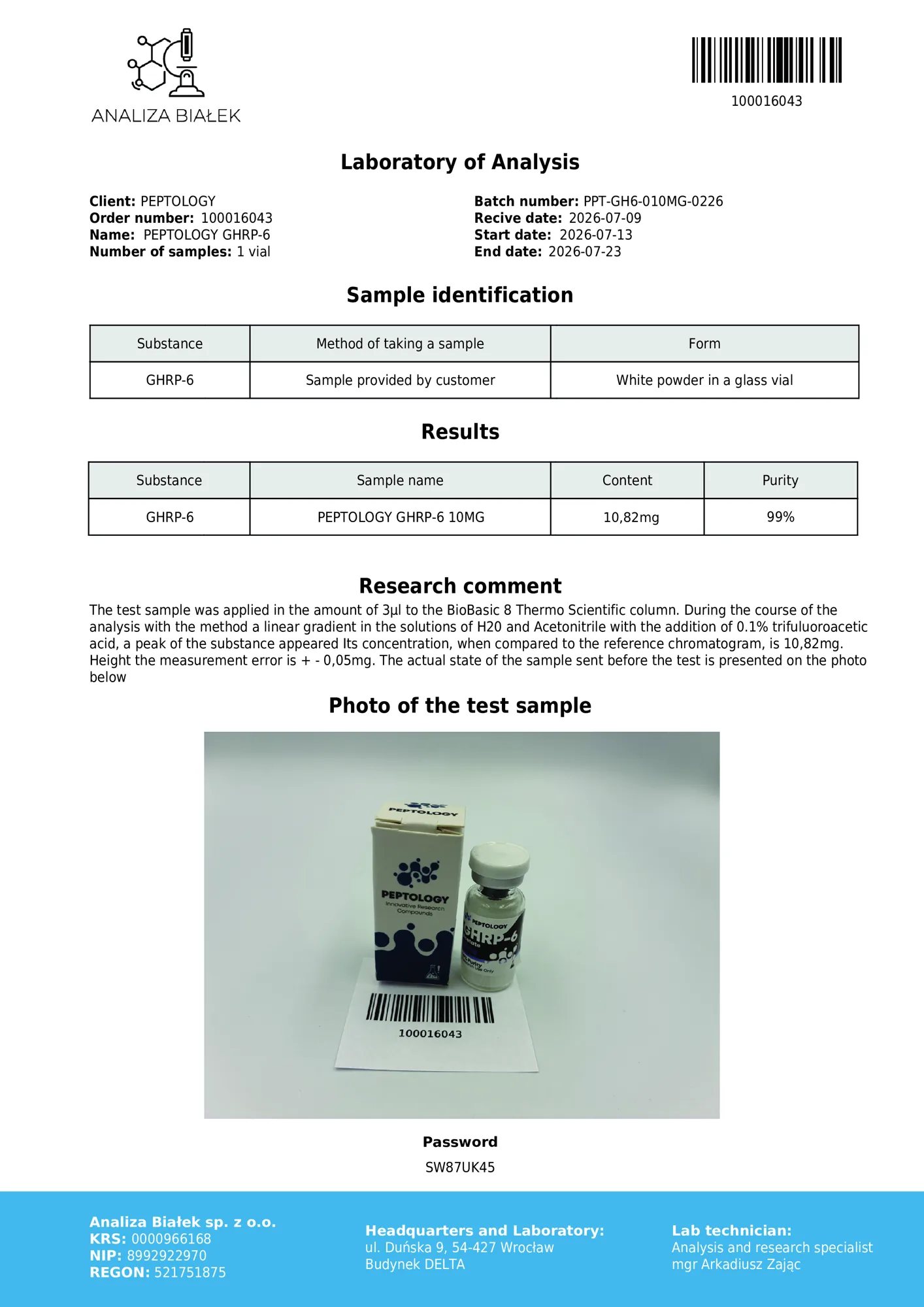 GHRP-6 10 mg – certifikát čistoty HPLC, šarže 0226