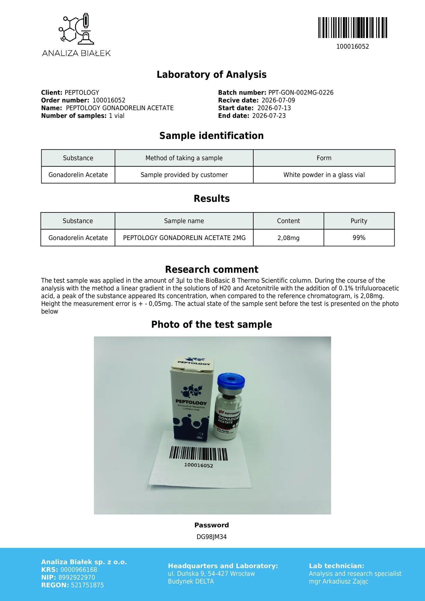 Gonadorelin 2 mg – certifikát čistoty HPLC, šarže 0226