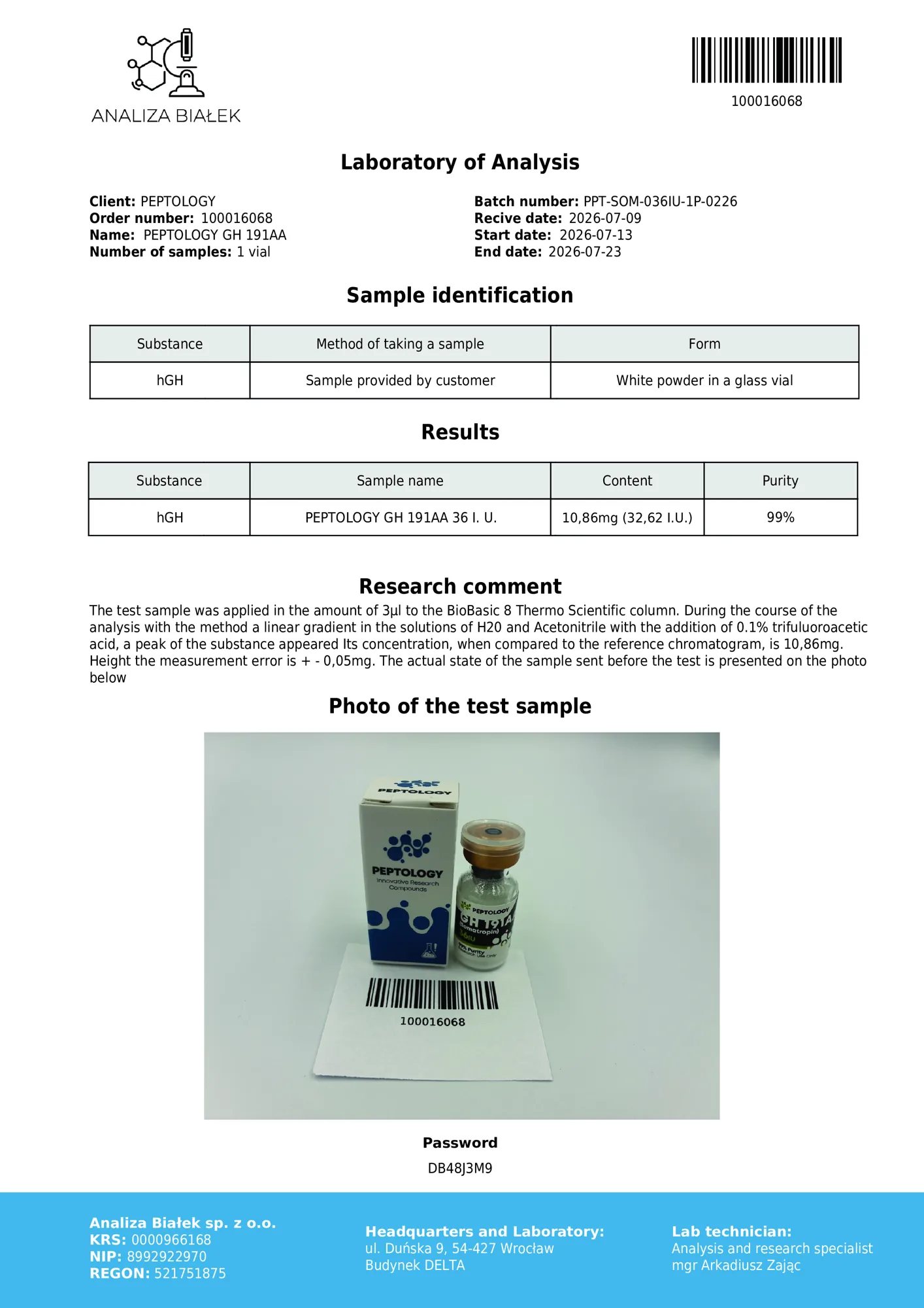Somatropin 36 IU – certifikát čistoty HPLC, šarže 0226