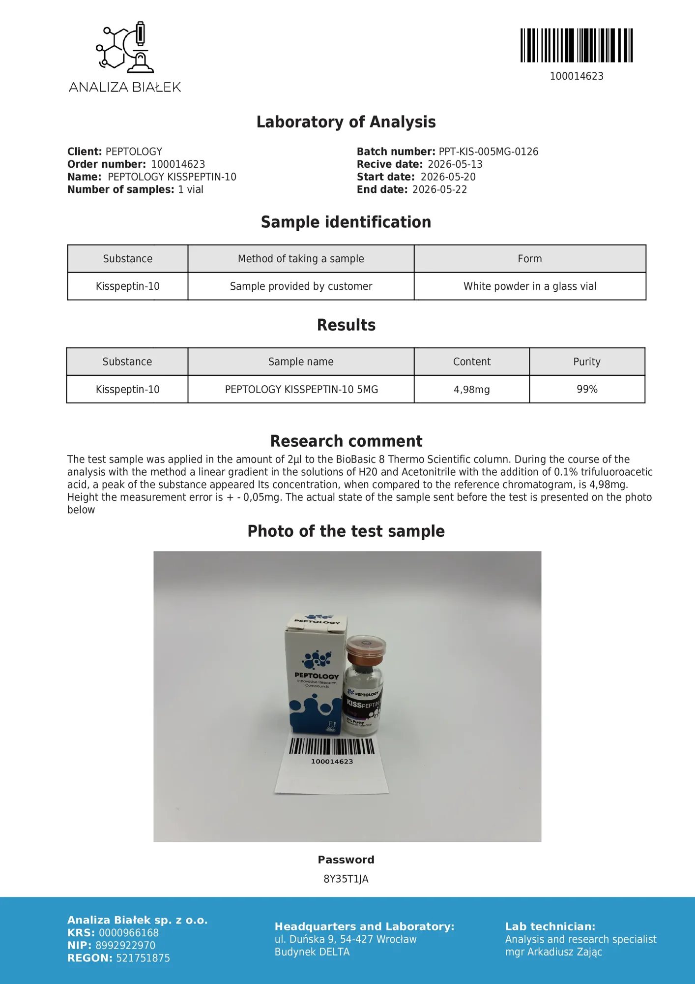 Kisspeptin-10 5 mg – certifikát čistoty HPLC, šarže 0126