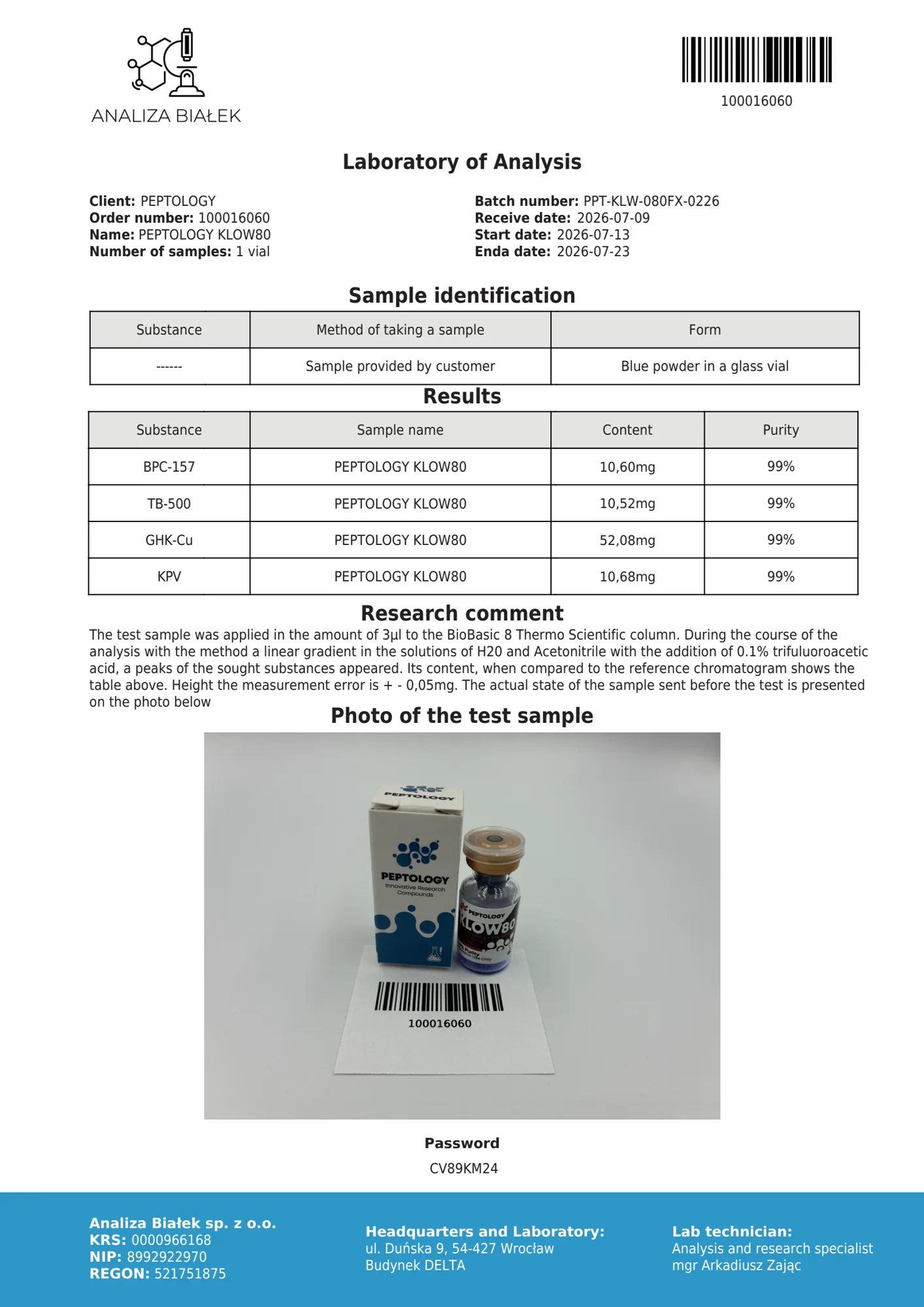 KLOW80 80 mg – certifikát čistoty HPLC, šarže 0226