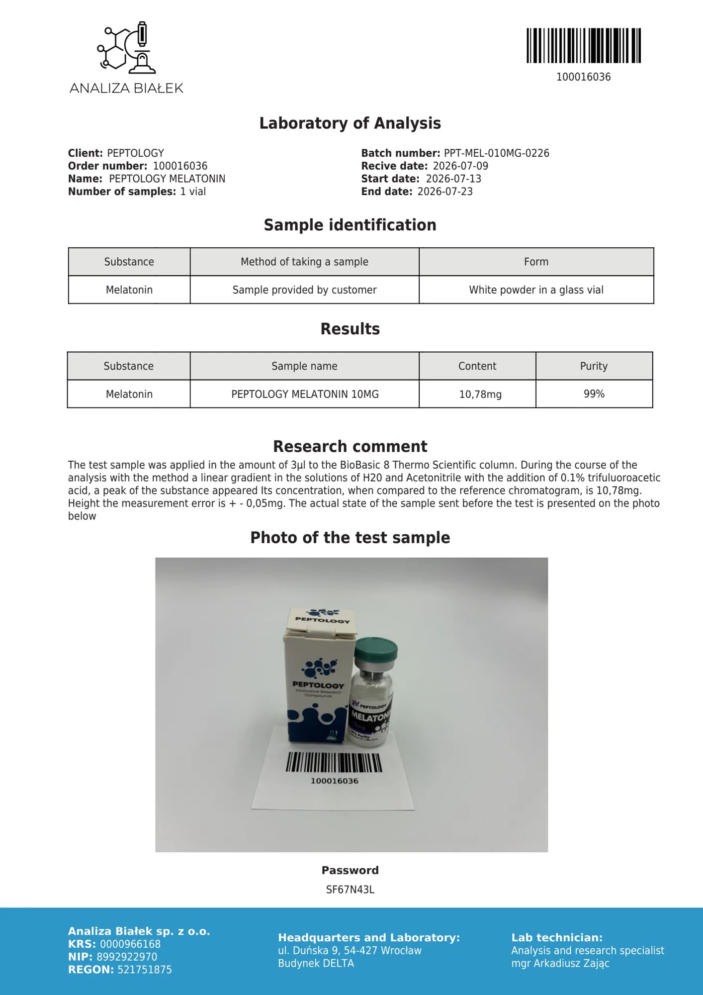 Melatonin 10 mg – certifikát čistoty HPLC, šarže 0226