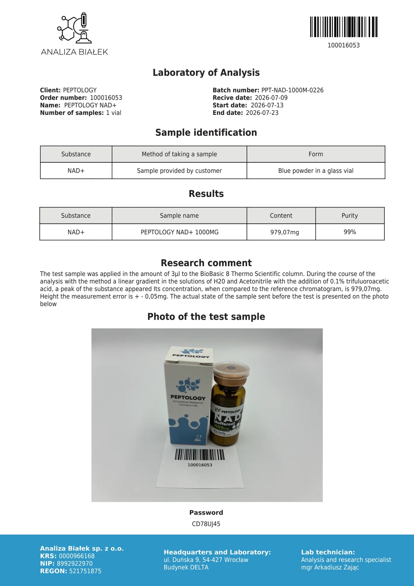 NAD+ 1000 mg – certifikát čistoty HPLC, šarže 0226