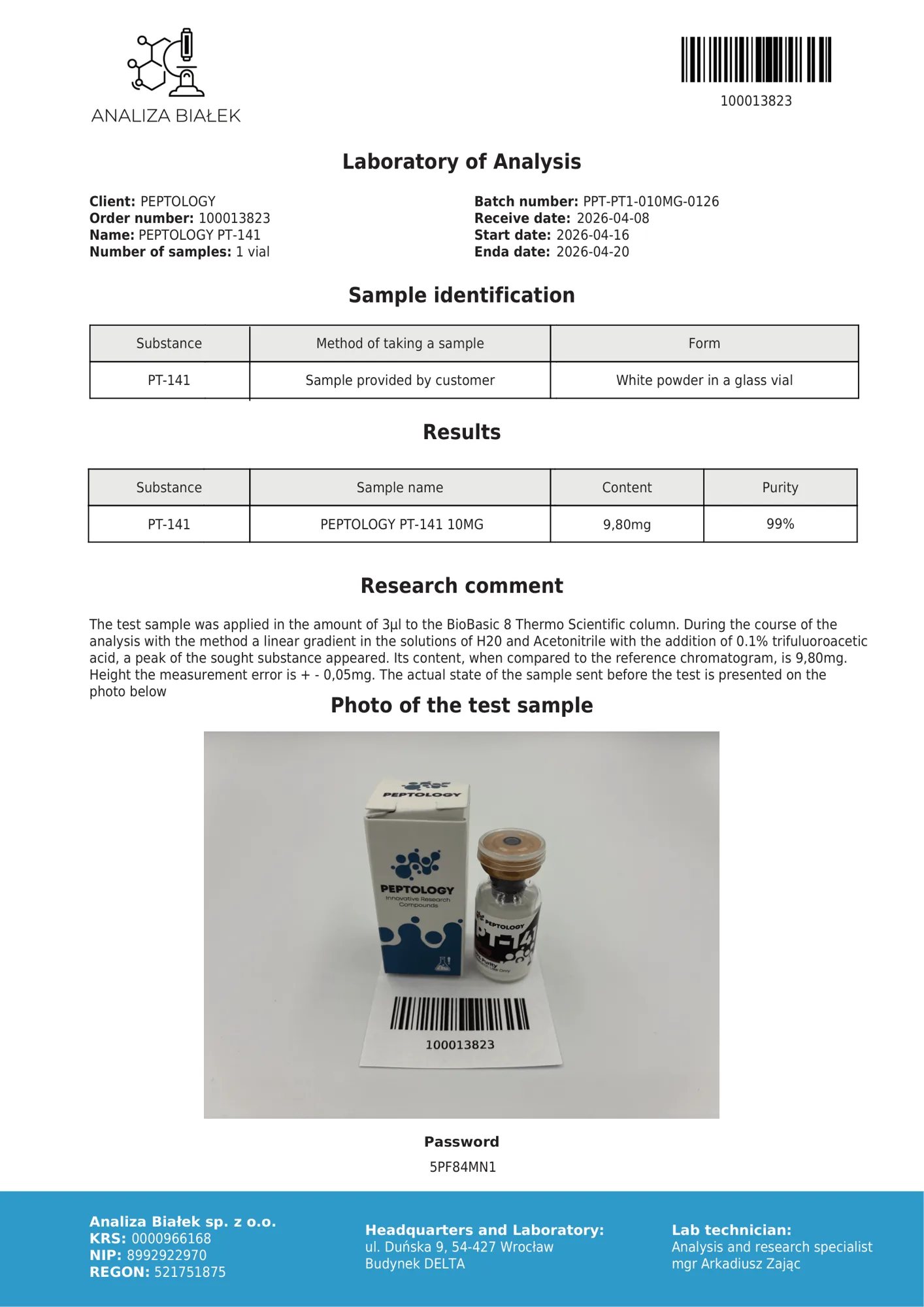 PT-141 10 mg – certifikát čistoty HPLC, šarže 0126