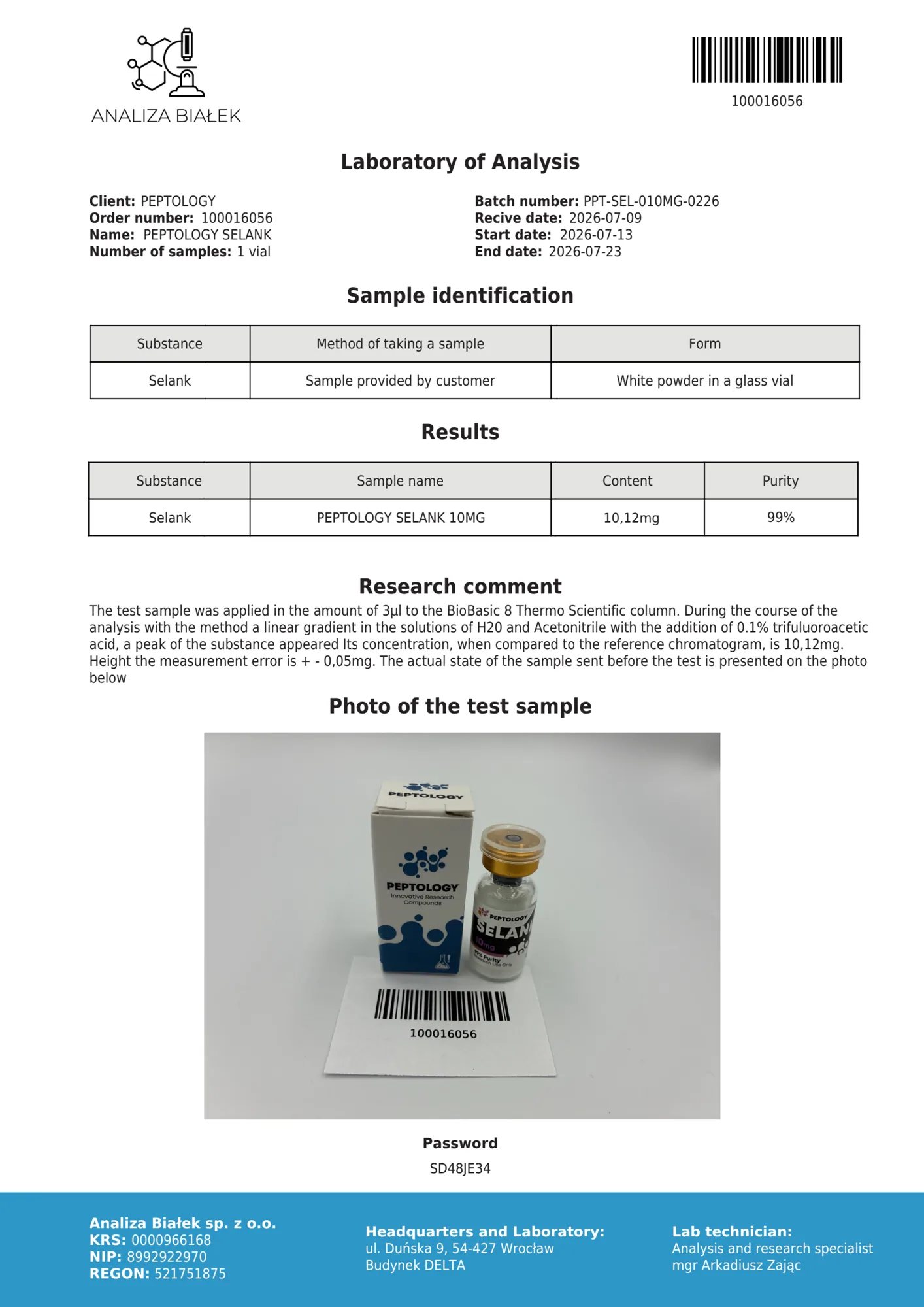 Selank 10 mg – certifikát čistoty HPLC, šarže 0226