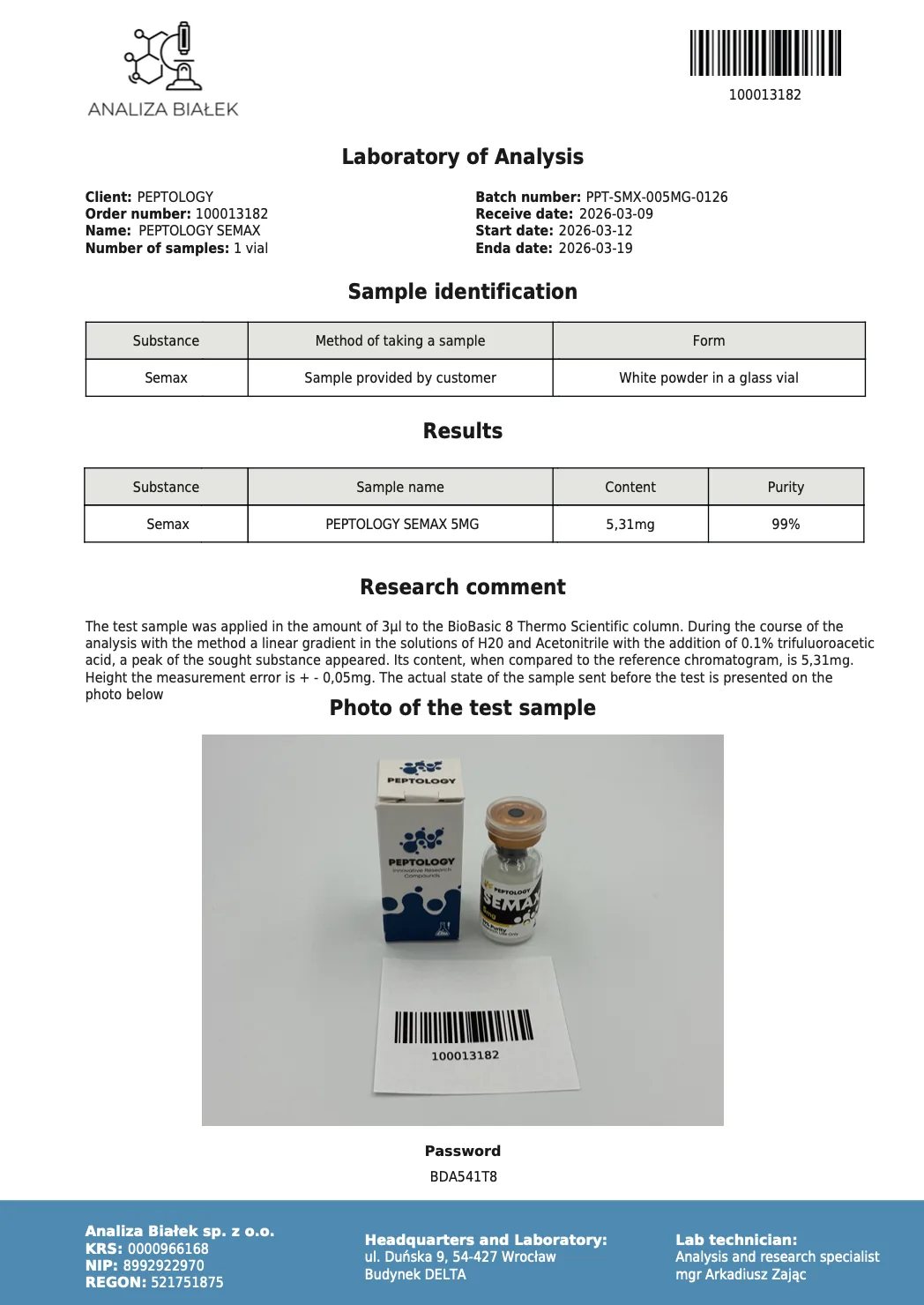 Semax 5 mg – certifikát čistoty HPLC, šarže 0126