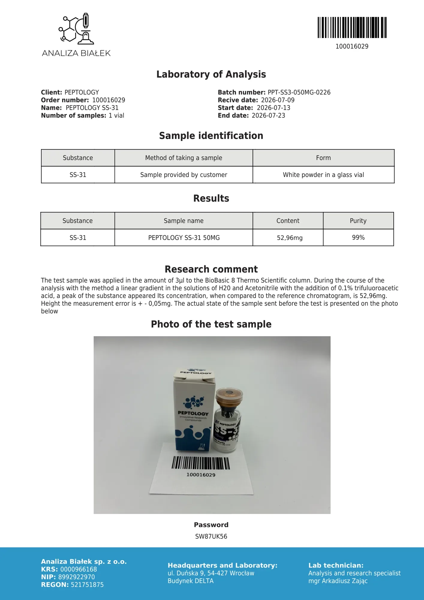 SS‑31 50 mg – certifikát čistoty HPLC, šarže 0226