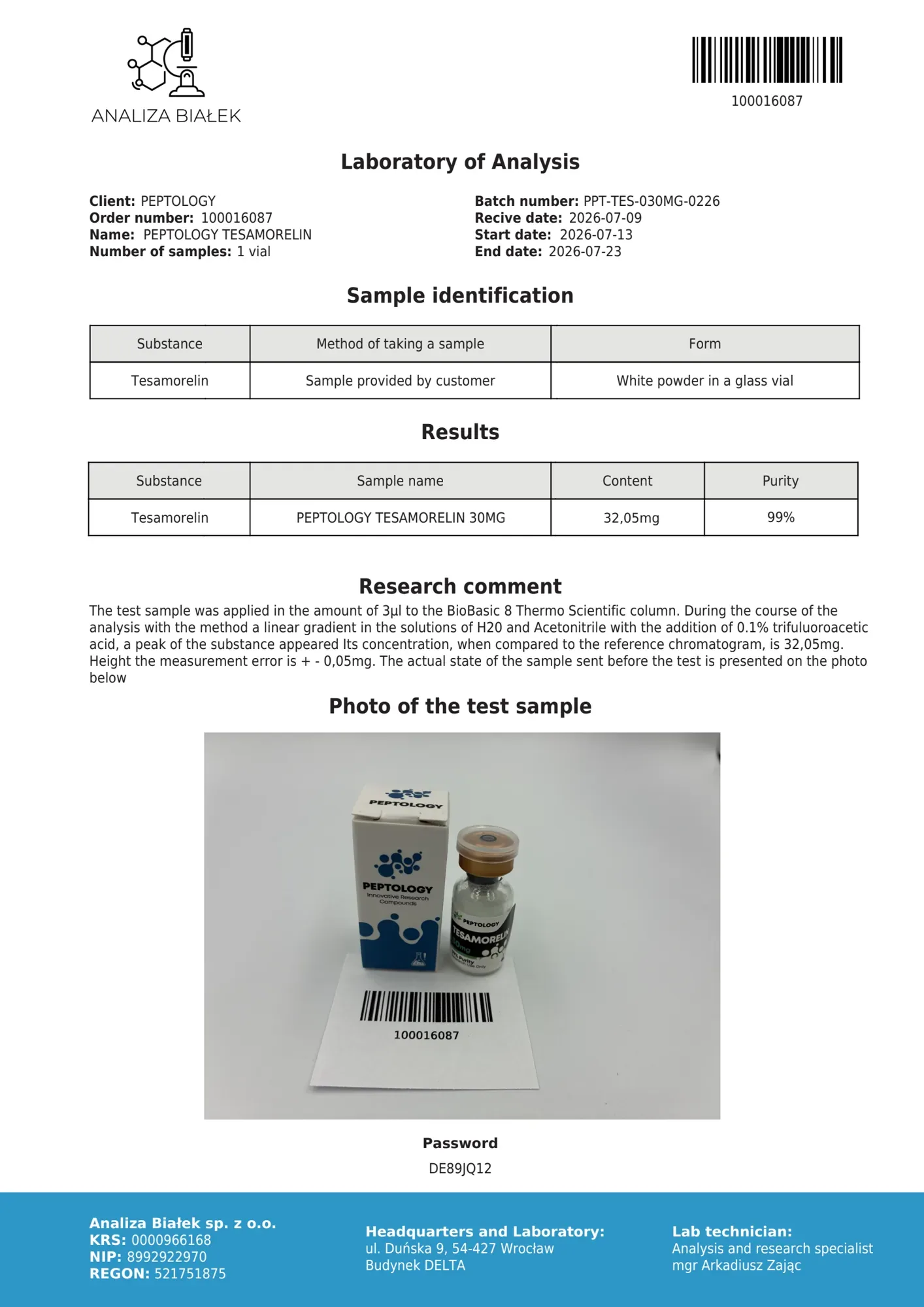 Tesamorelin 30 mg – certifikát čistoty HPLC, šarže 0226