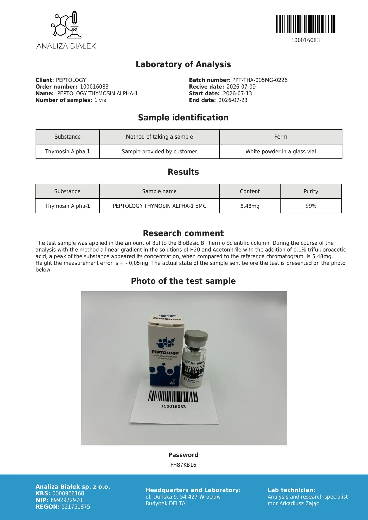 Thymosin Alpha-1 5 mg – certifikát čistoty HPLC, šarže 0226