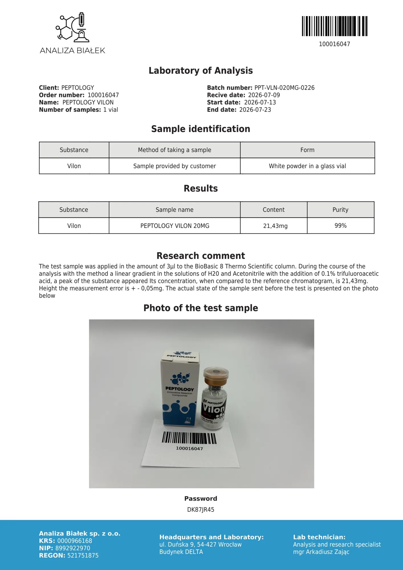 Vilon 20 mg – certifikát čistoty HPLC, šarže 0226