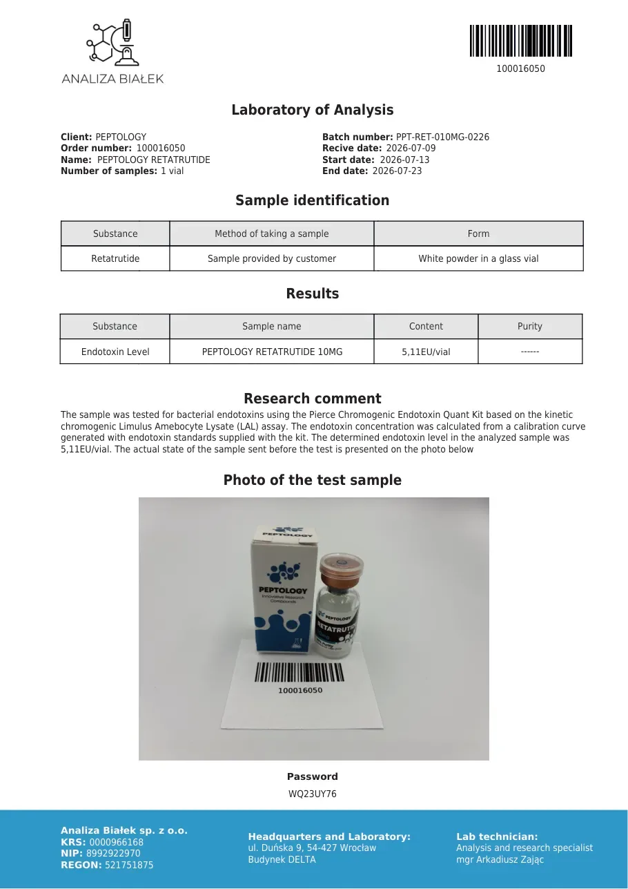 Retatrutide 10 mg – test endotoxinů, šarže 0226