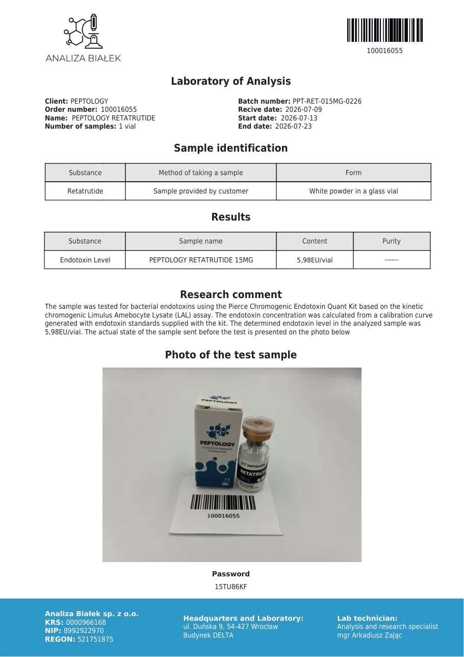 Retatrutide 15 mg – test endotoxinů, šarže 0226
