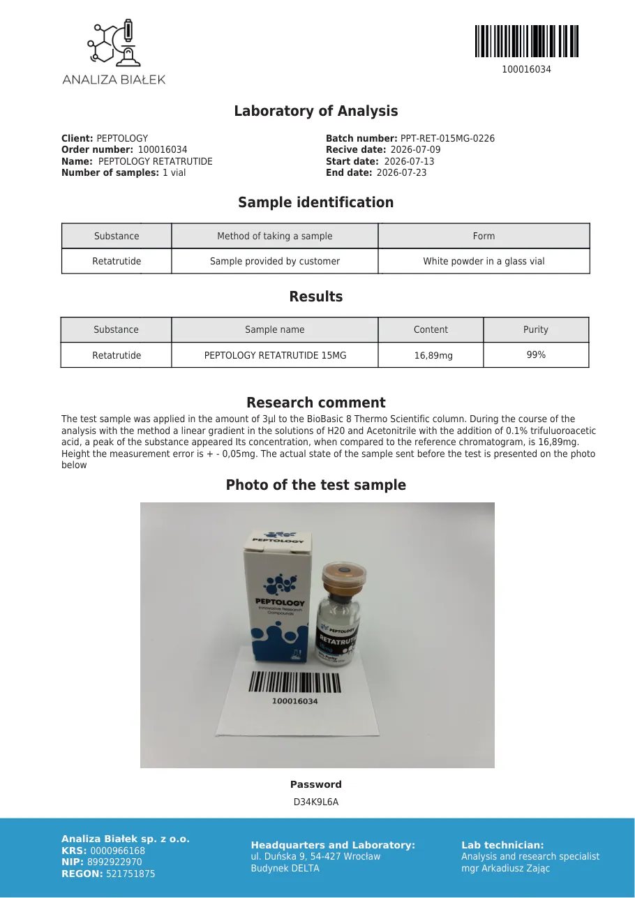 Retatrutide 15 mg – certifikát čistoty HPLC, šarže 0226