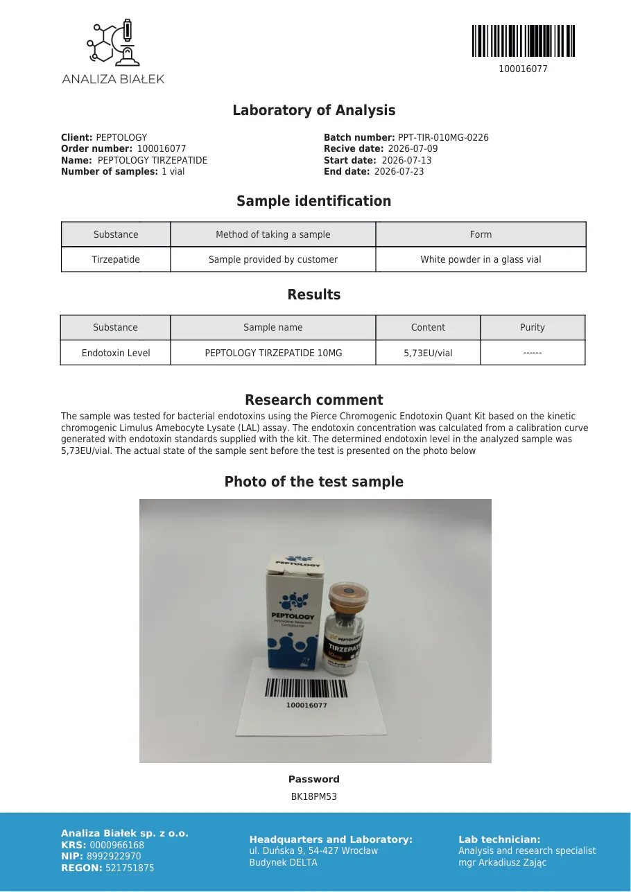 Tirzepatide 10 mg – test endotoxinů, šarže 0226