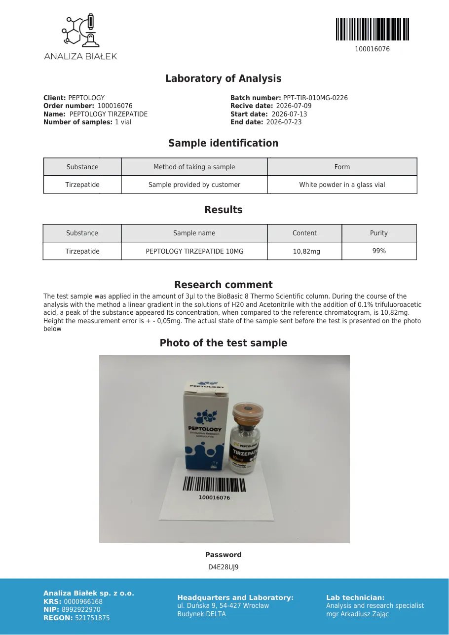 Tirzepatide 10 mg – certifikát čistoty HPLC, šarže 0226