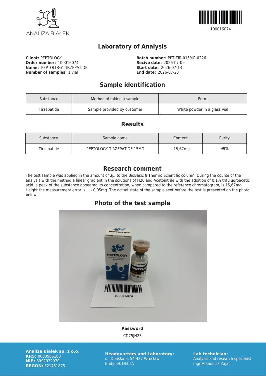 Tirzepatide 15 mg – certifikát čistoty HPLC, šarže 0226
