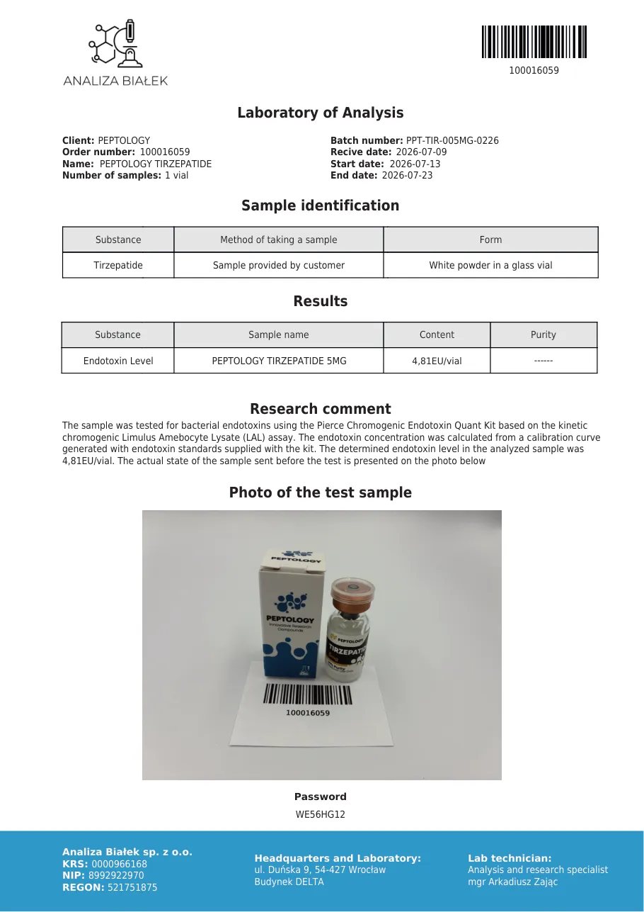 Tirzepatide 5 mg – test endotoxinů, šarže 0226