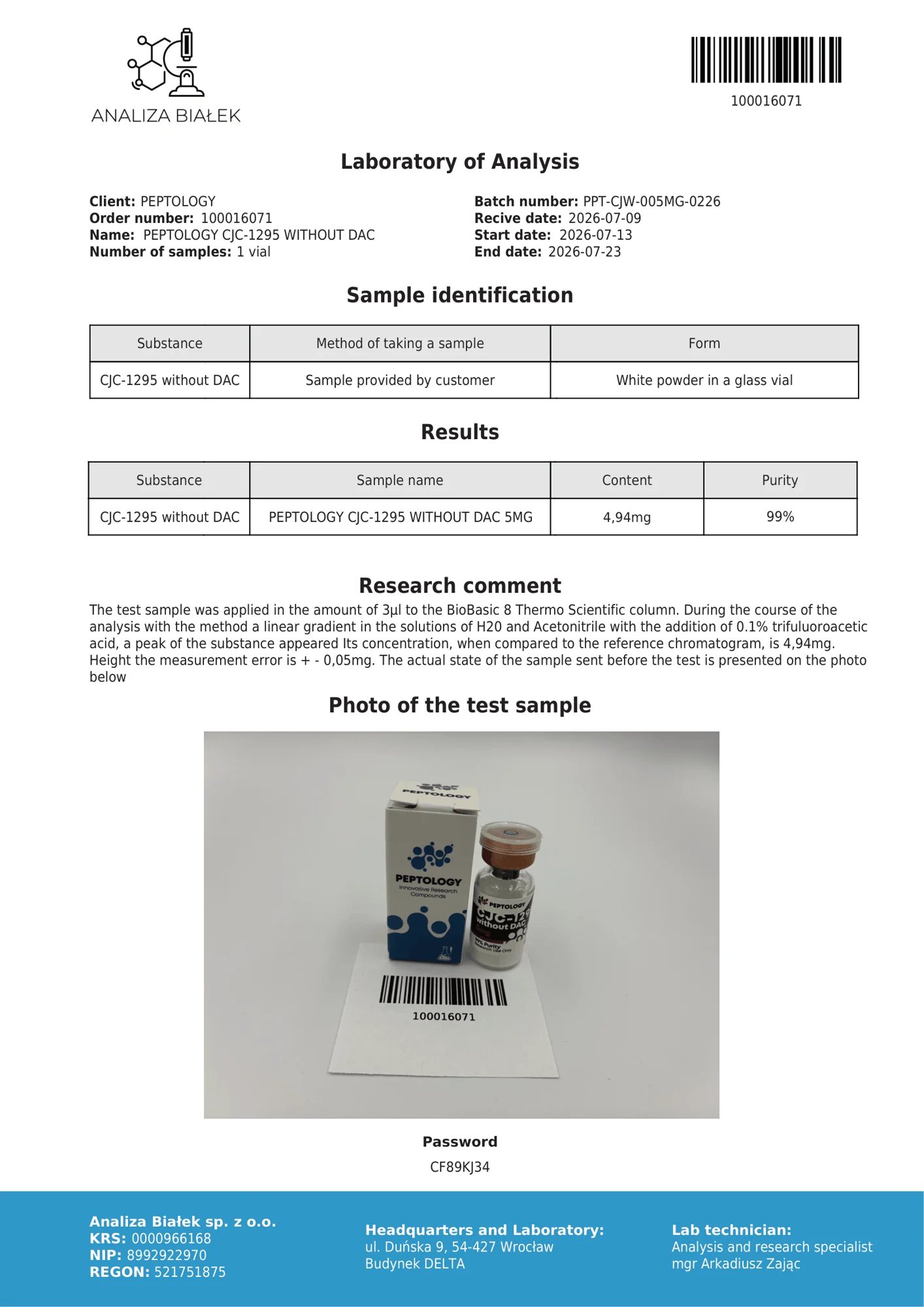 CJC‑1295 bez DAC 5 mg – certifikát čistoty HPLC, šarže 0226