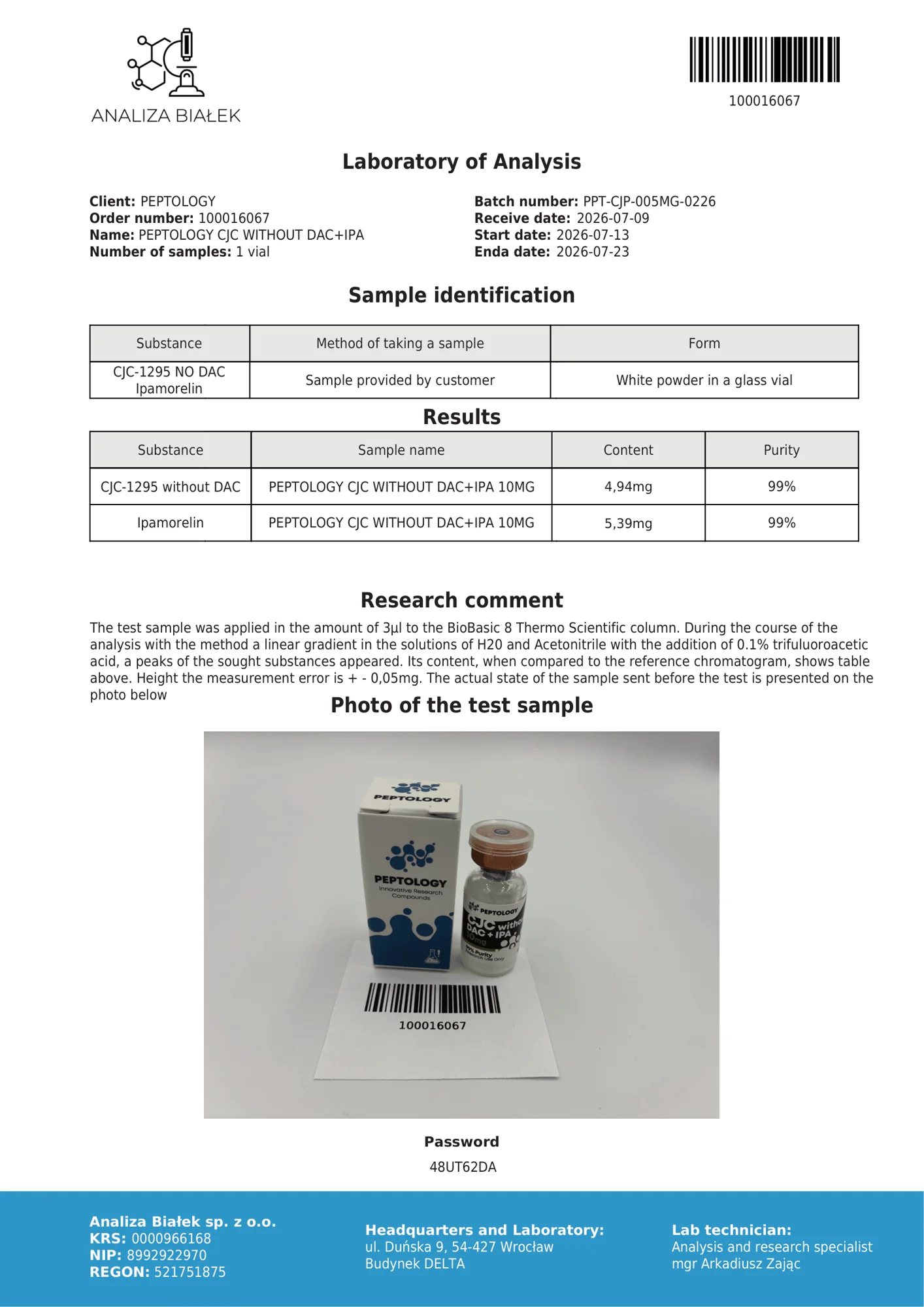 CJC-1295 + Ipamorelin 10 mg – certifikát čistoty HPLC