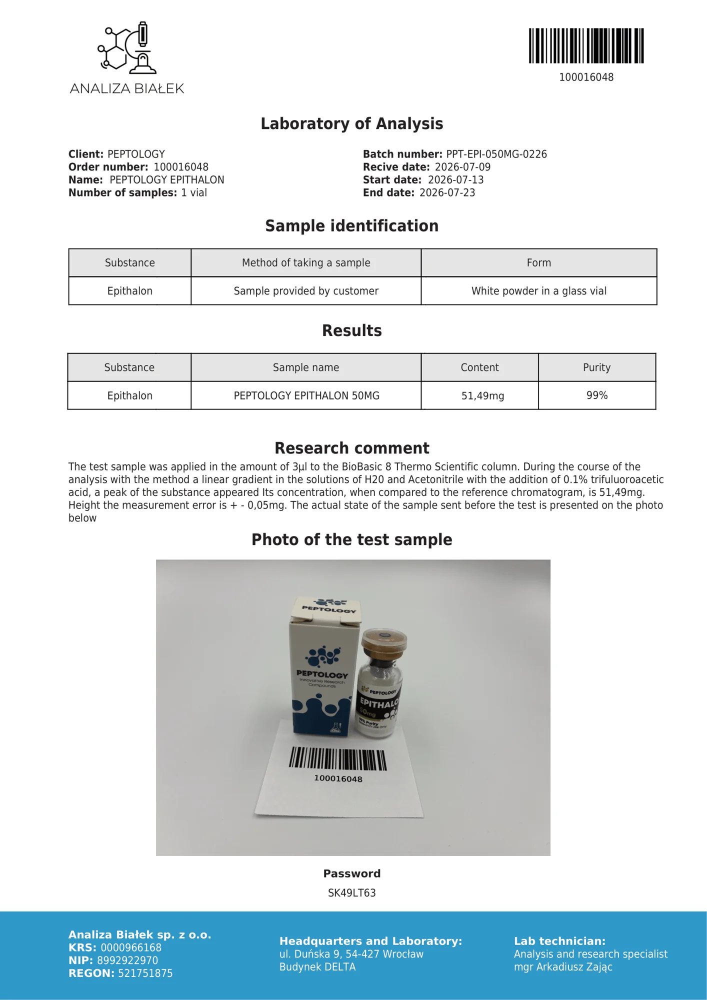 Epithalon 50 mg – certifikát čistoty HPLC, šarže 0226