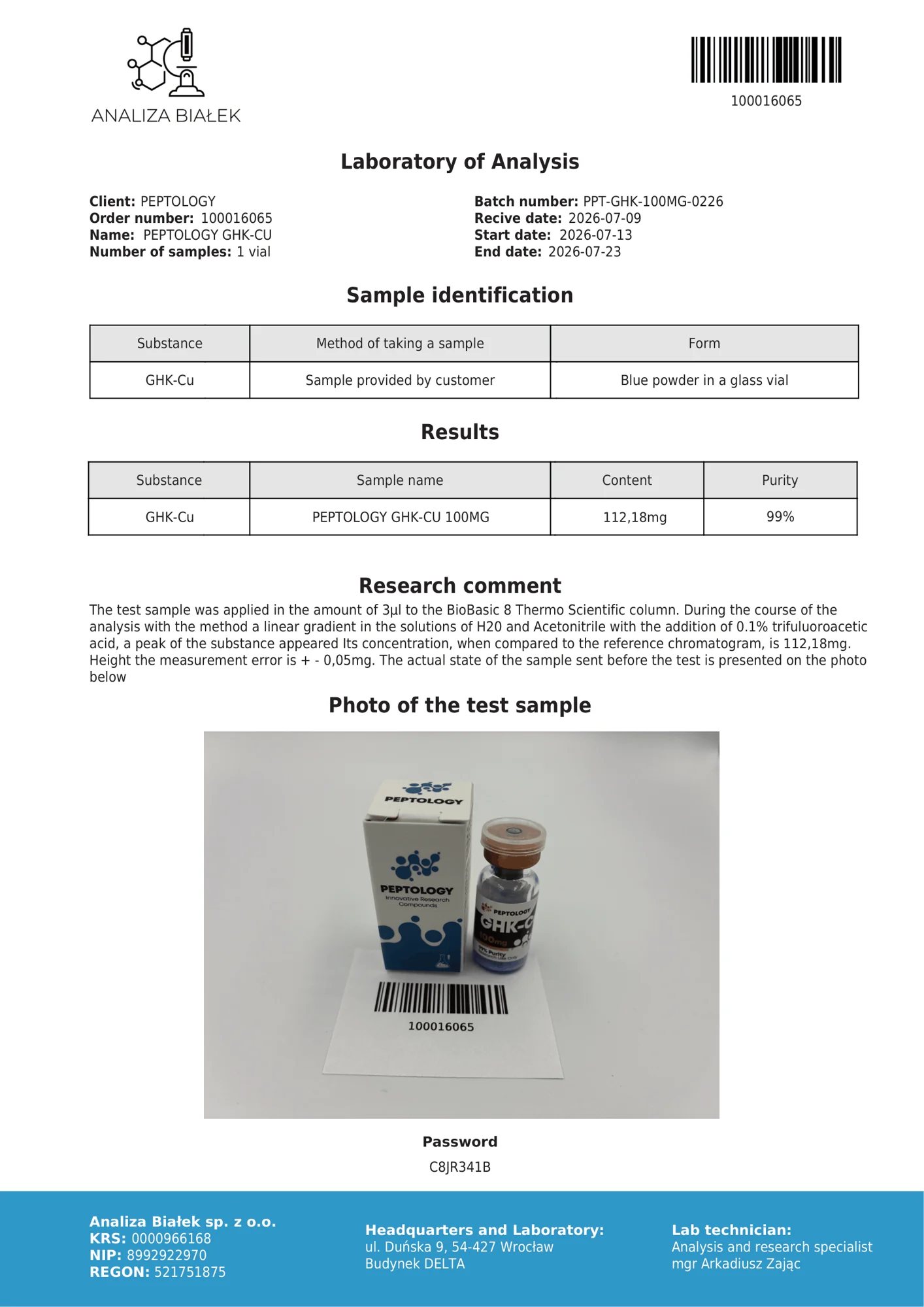 GHK-Cu 100 mg – certifikát čistoty HPLC, šarže 0226