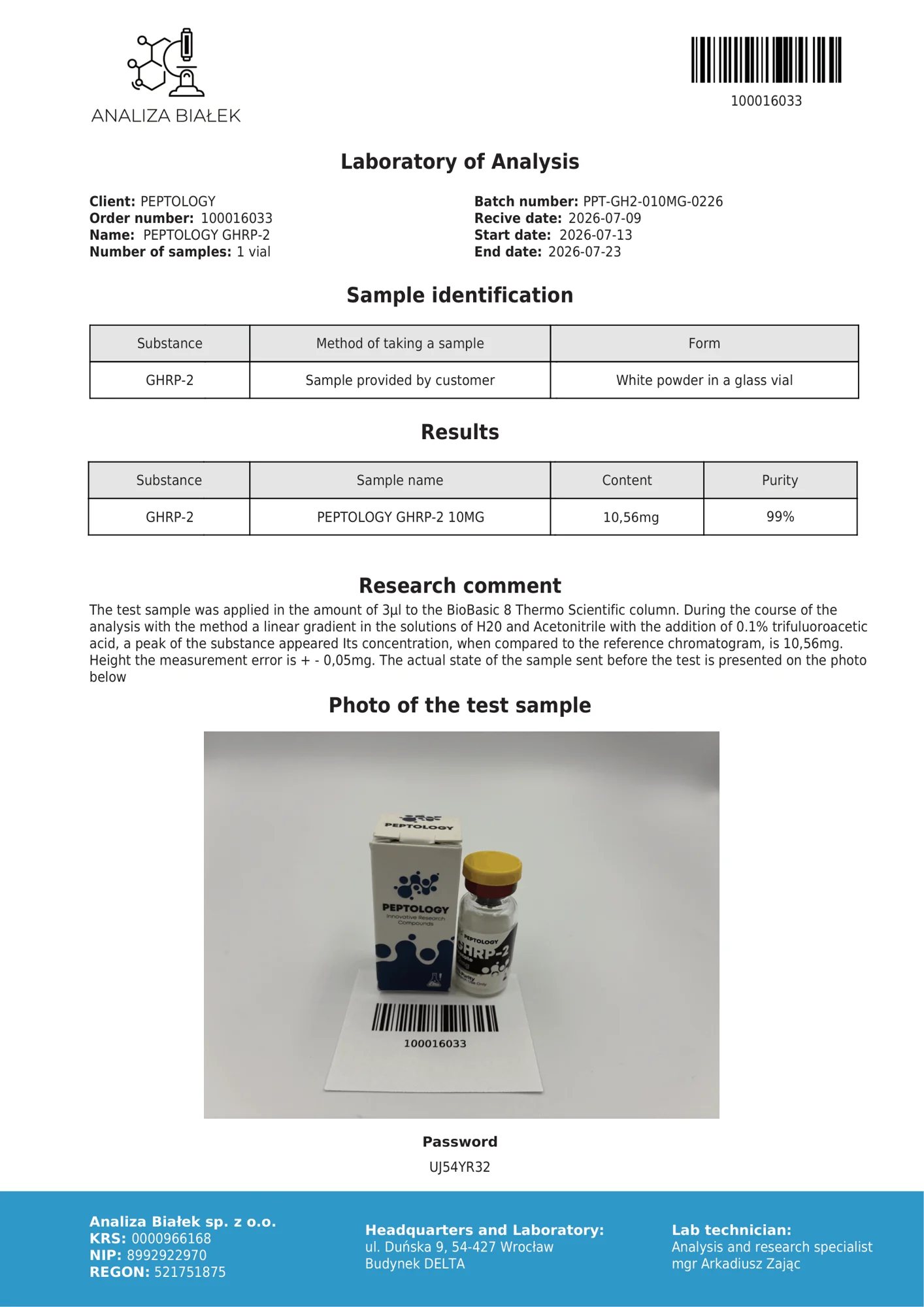GHRP-2 10 mg – certifikát čistoty HPLC, šarže 0226