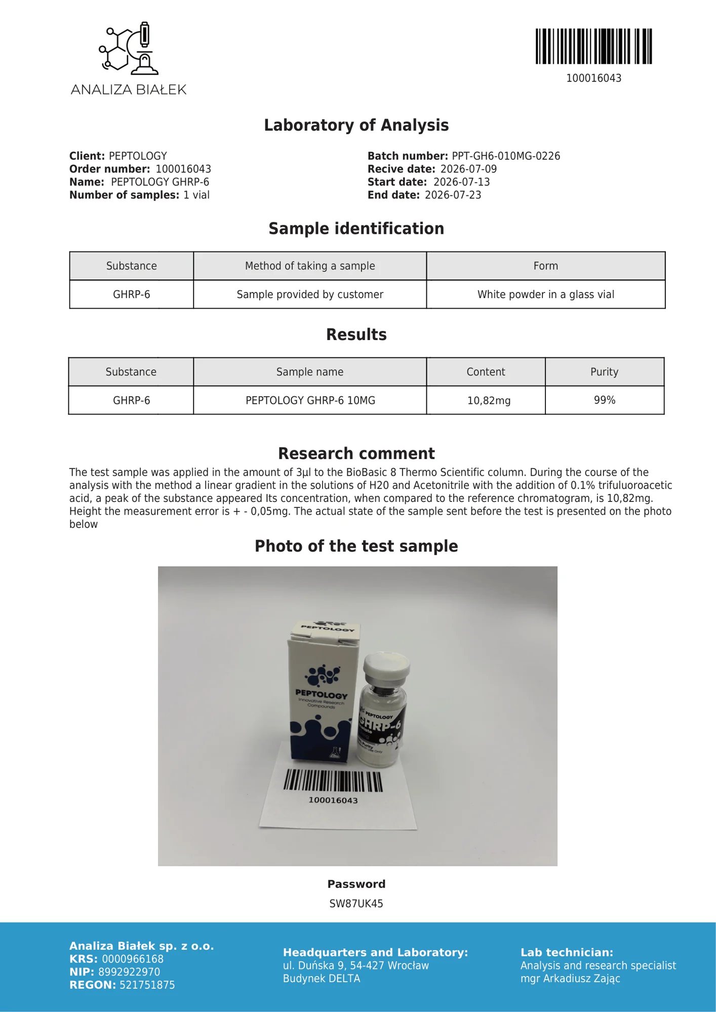 GHRP-6 10 mg – certifikát čistoty HPLC, šarže 0226