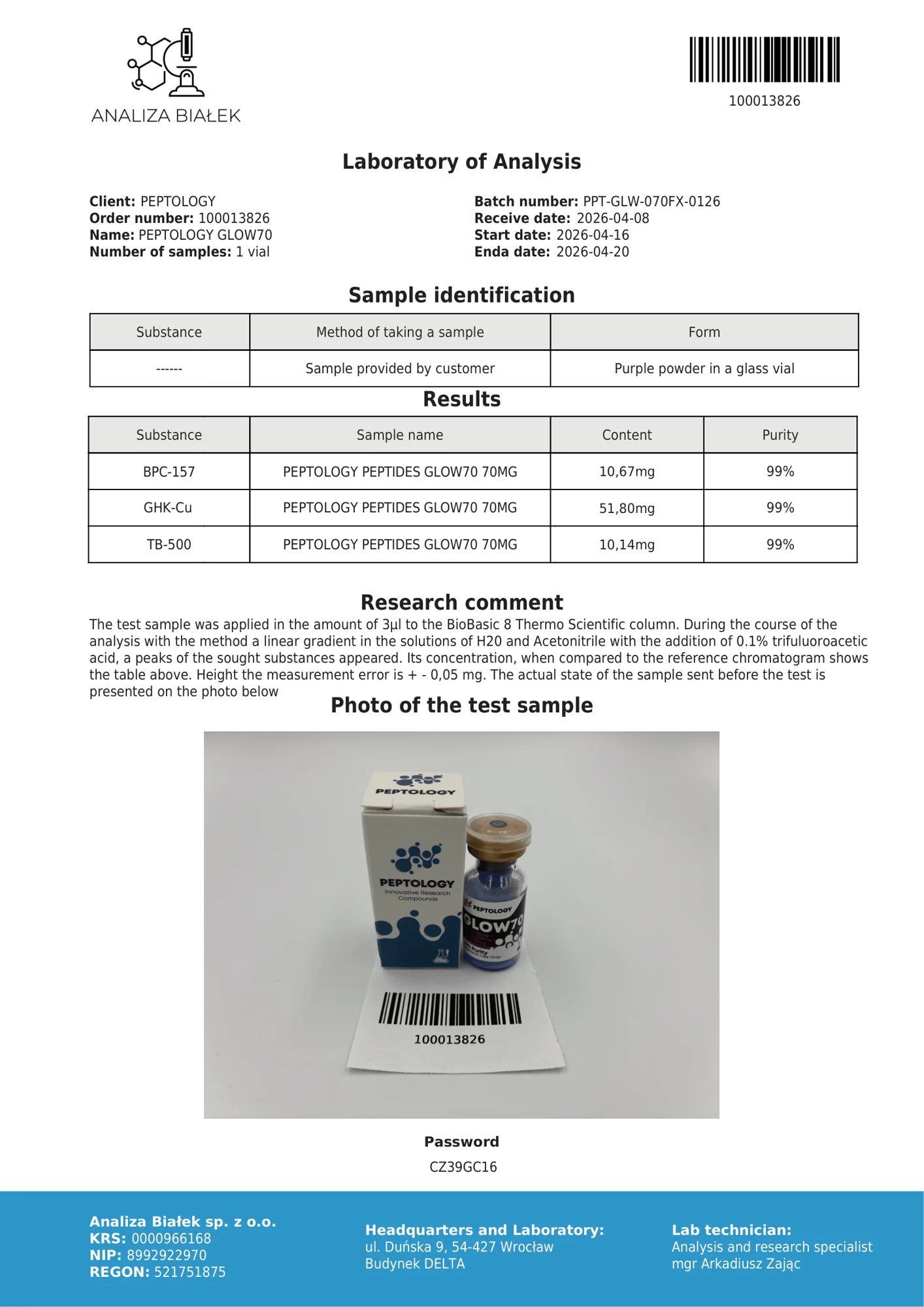 GLOW70 – certifikát čistoty HPLC, šarže 0126