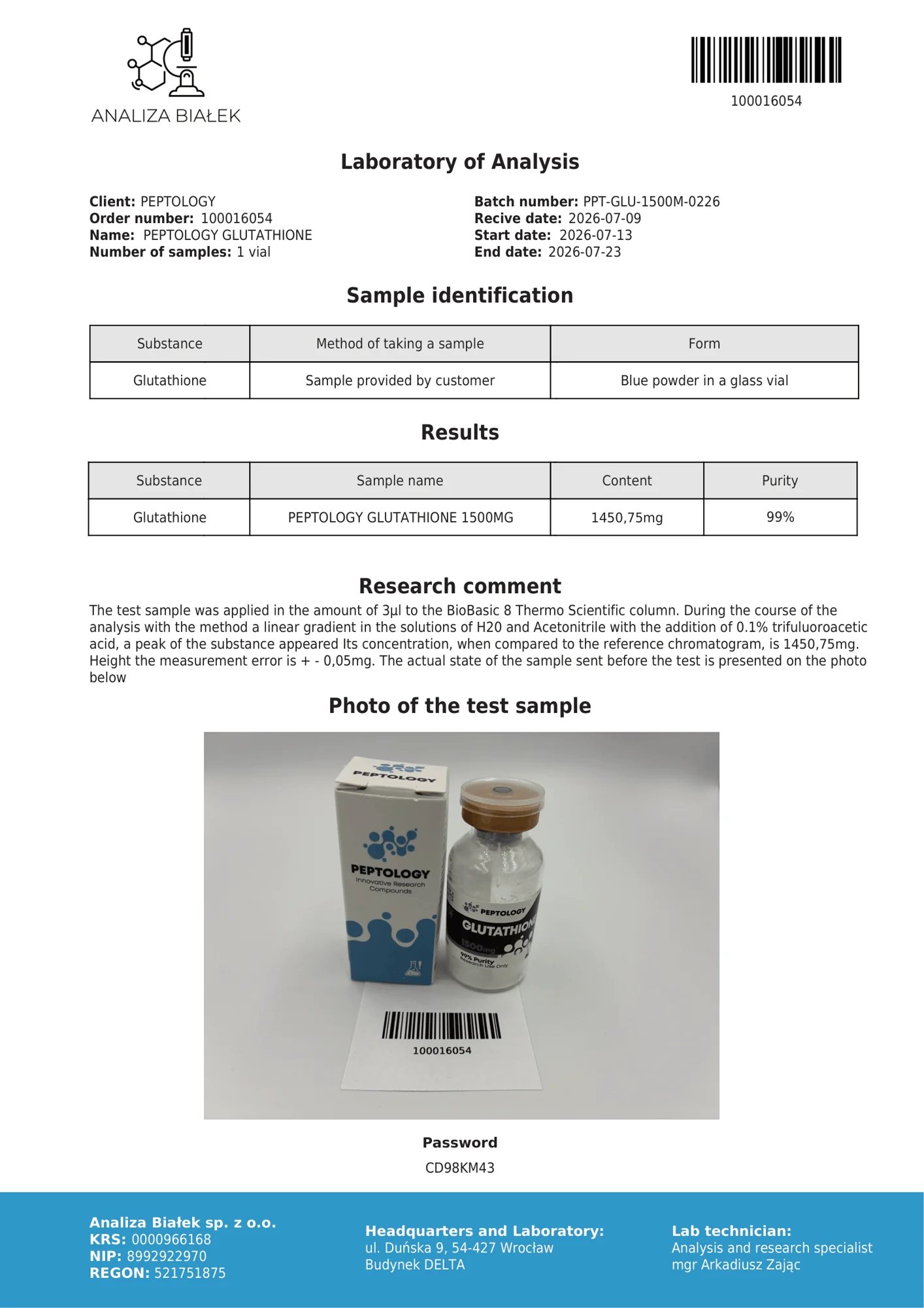 Glutathione 1500 mg – certifikát čistoty HPLC, šarže 0226