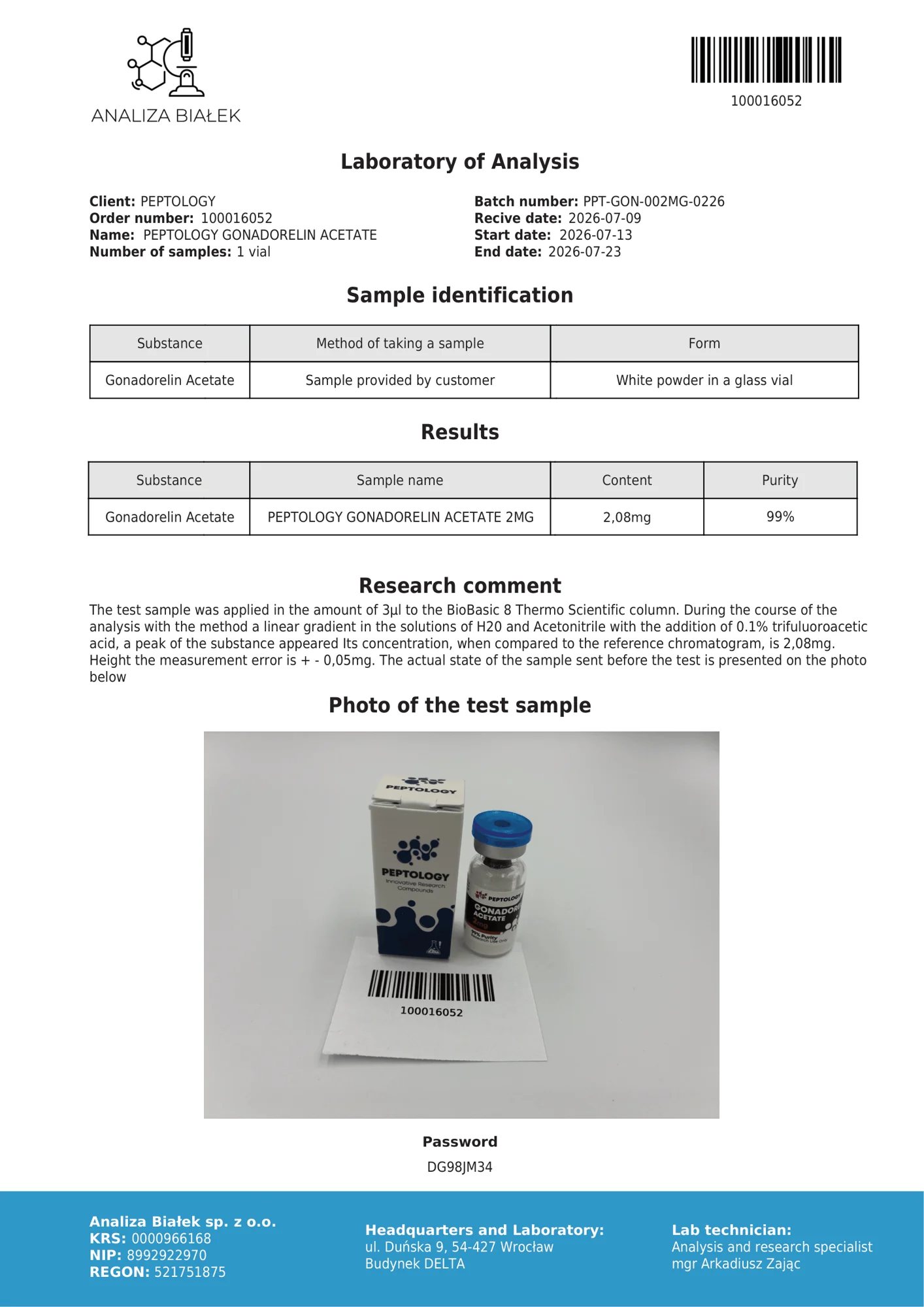 Gonadorelin 2 mg – certifikát čistoty HPLC, šarže 0226