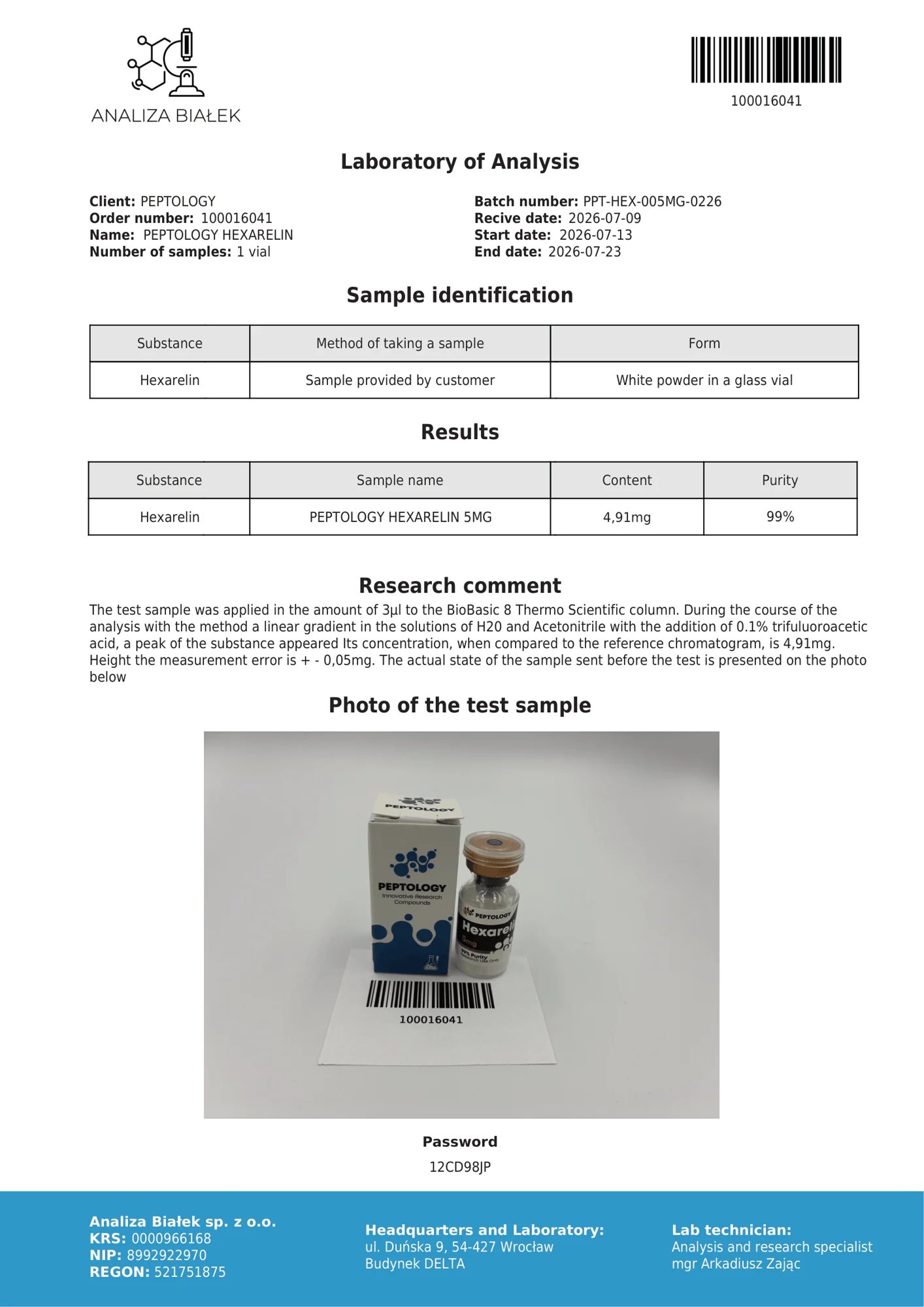 Hexarelin 5 mg – certifikát čistoty HPLC, šarže 0226