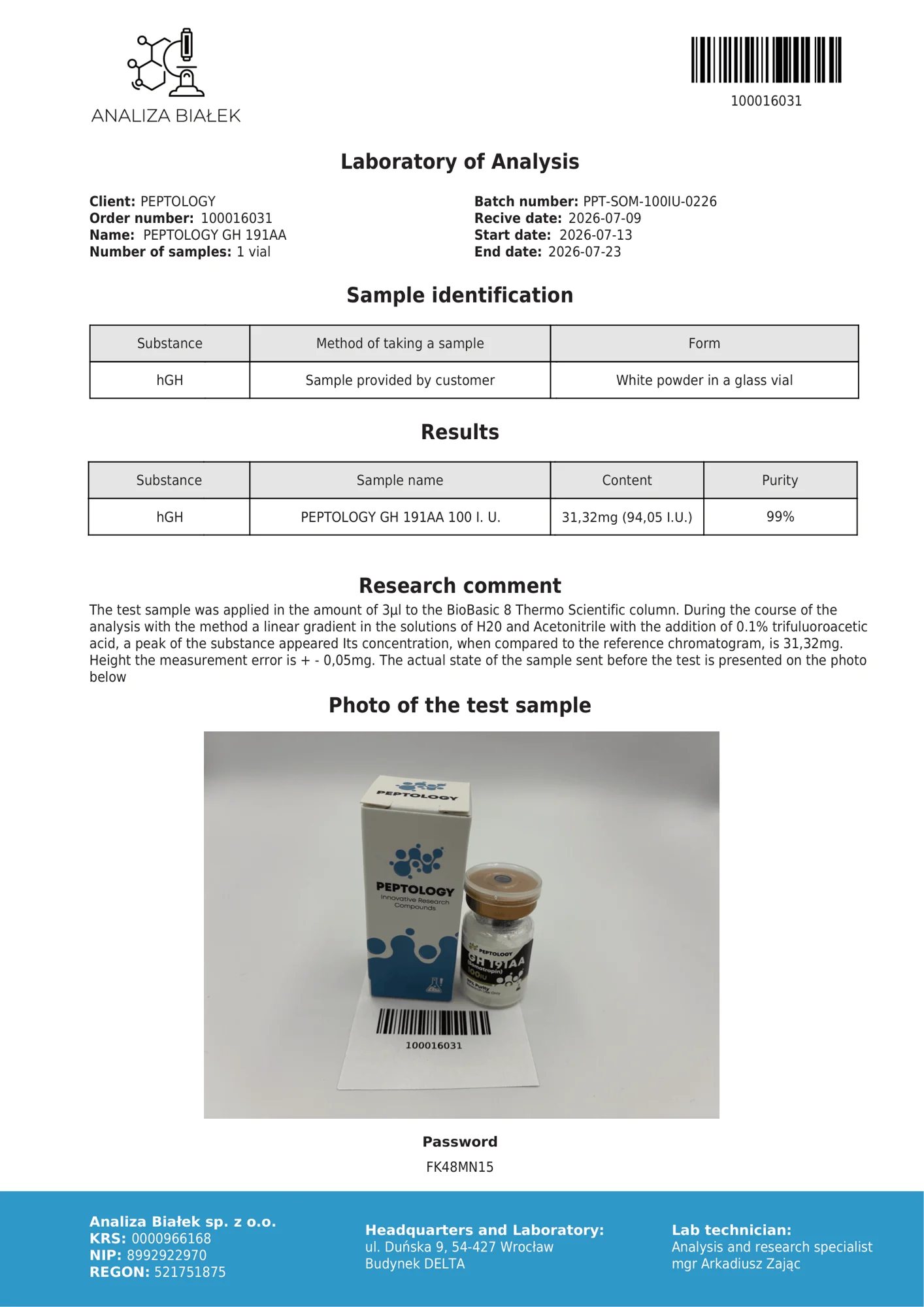 Somatropin 100 IU – certifikát čistoty HPLC, šarže 0226