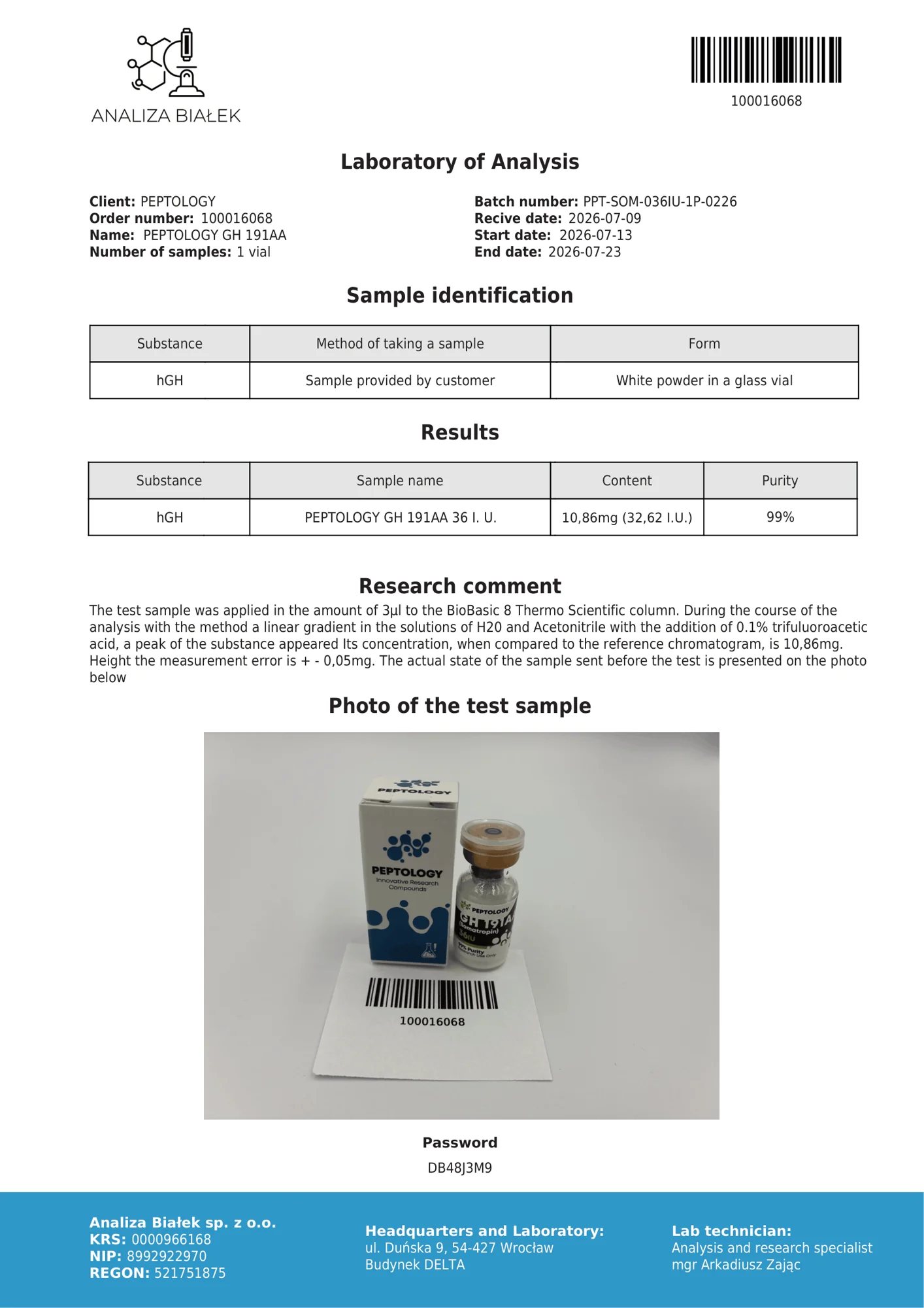 Somatropin 36 IU – certifikát čistoty HPLC