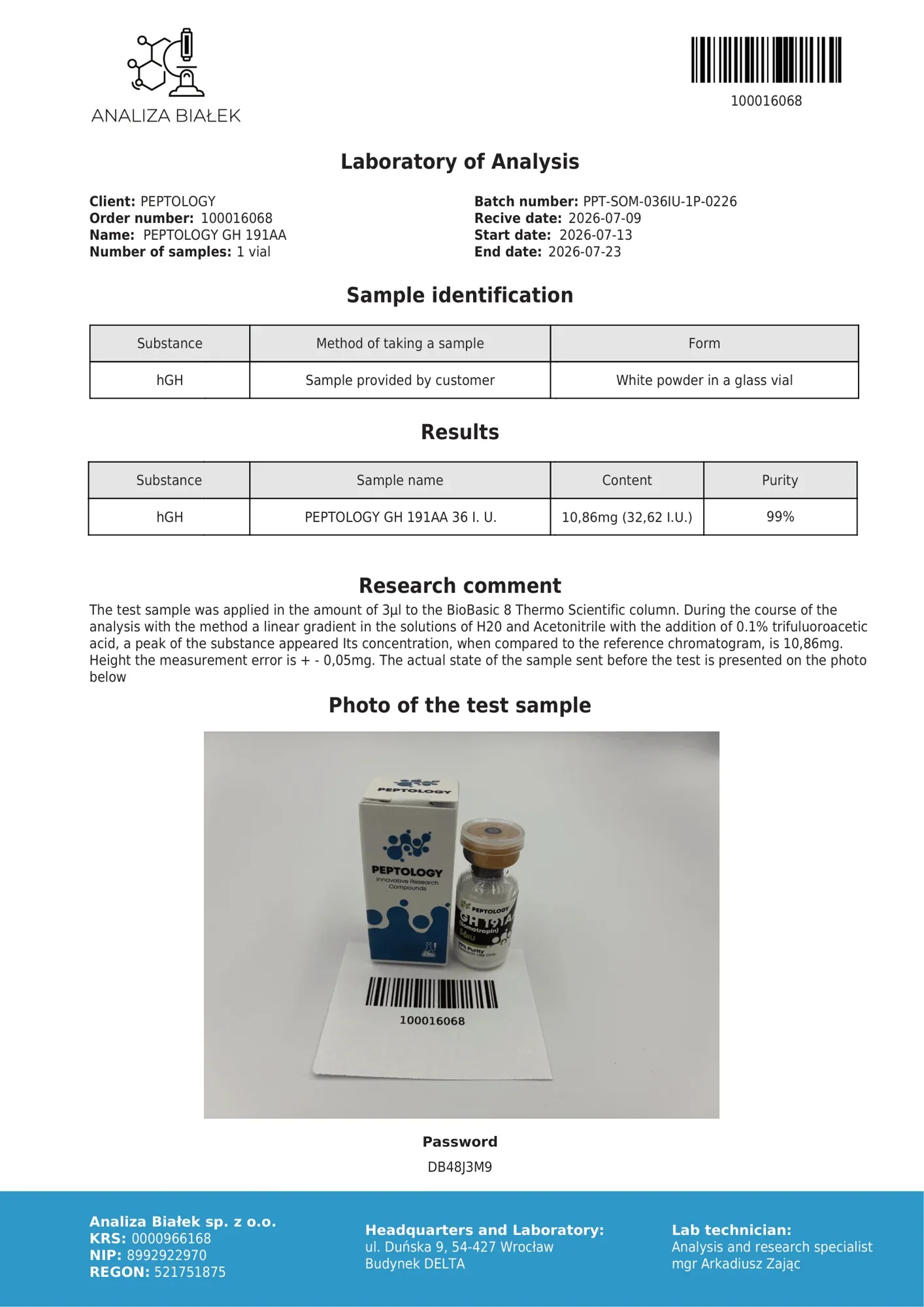Somatropin 36 IU – certifikát čistoty HPLC