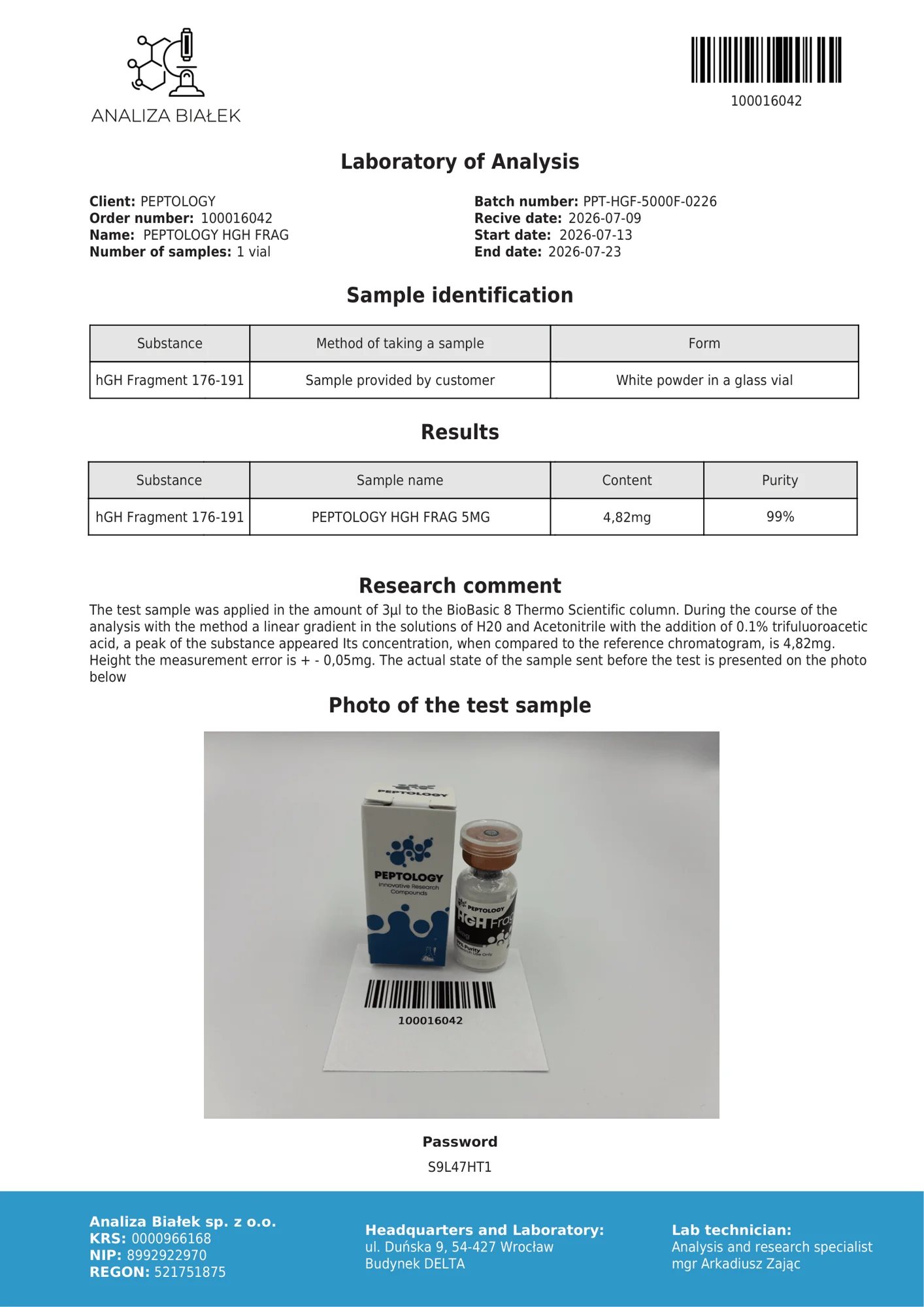 HGH Frag 5 mg – certifikát čistoty HPLC, šarže 0226