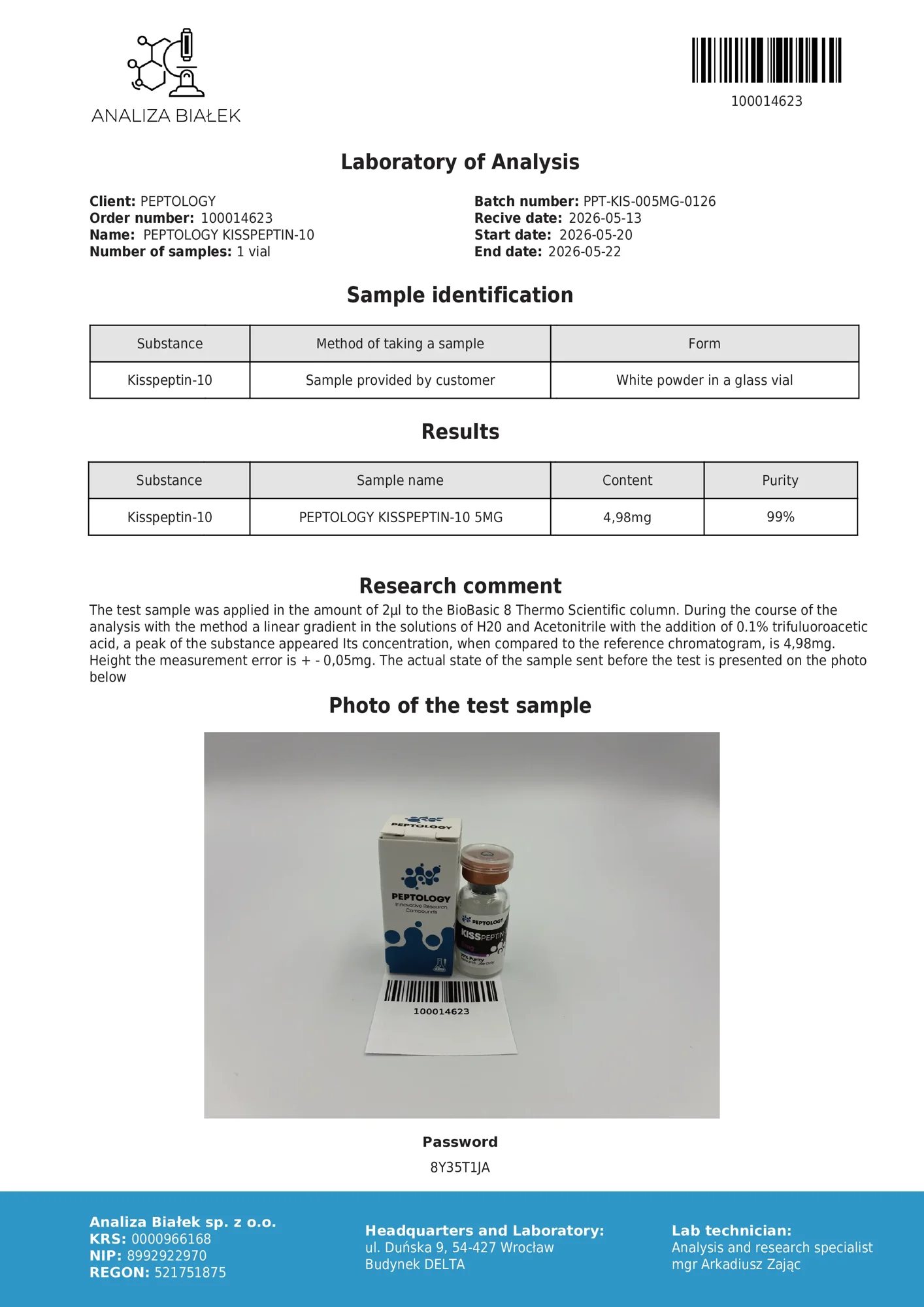Kisspeptin-10 – certifikát čistoty HPLC, šarže 0126