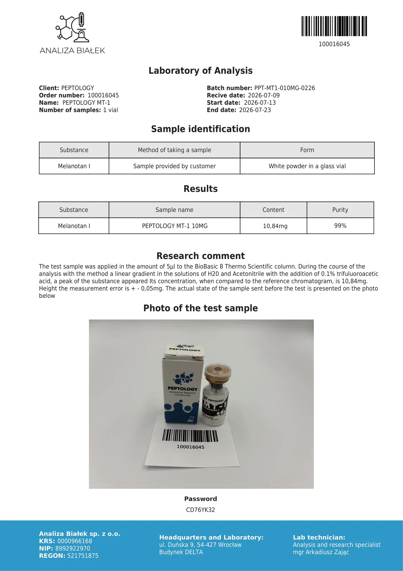 MT-1 10 mg – certifikát čistoty HPLC