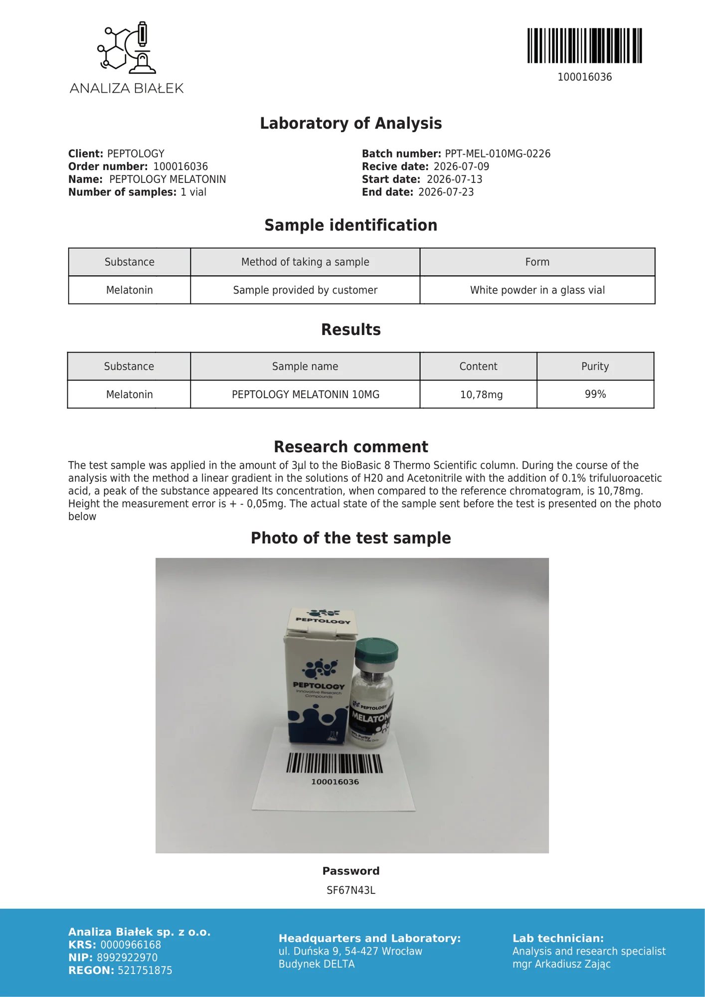 Melatonin 10 mg – certifikát čistoty HPLC, šarže 0226