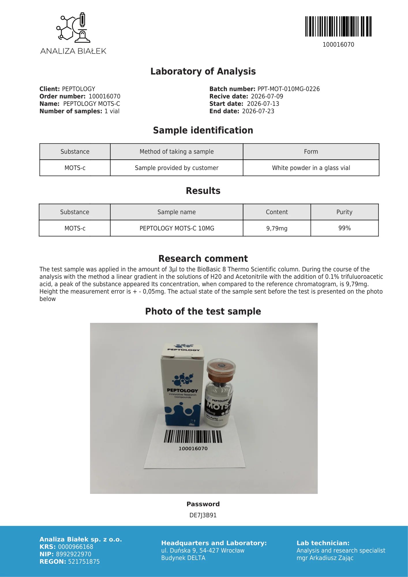 MOTS-c 10 mg – certifikát čistoty HPLC, šarže 0226