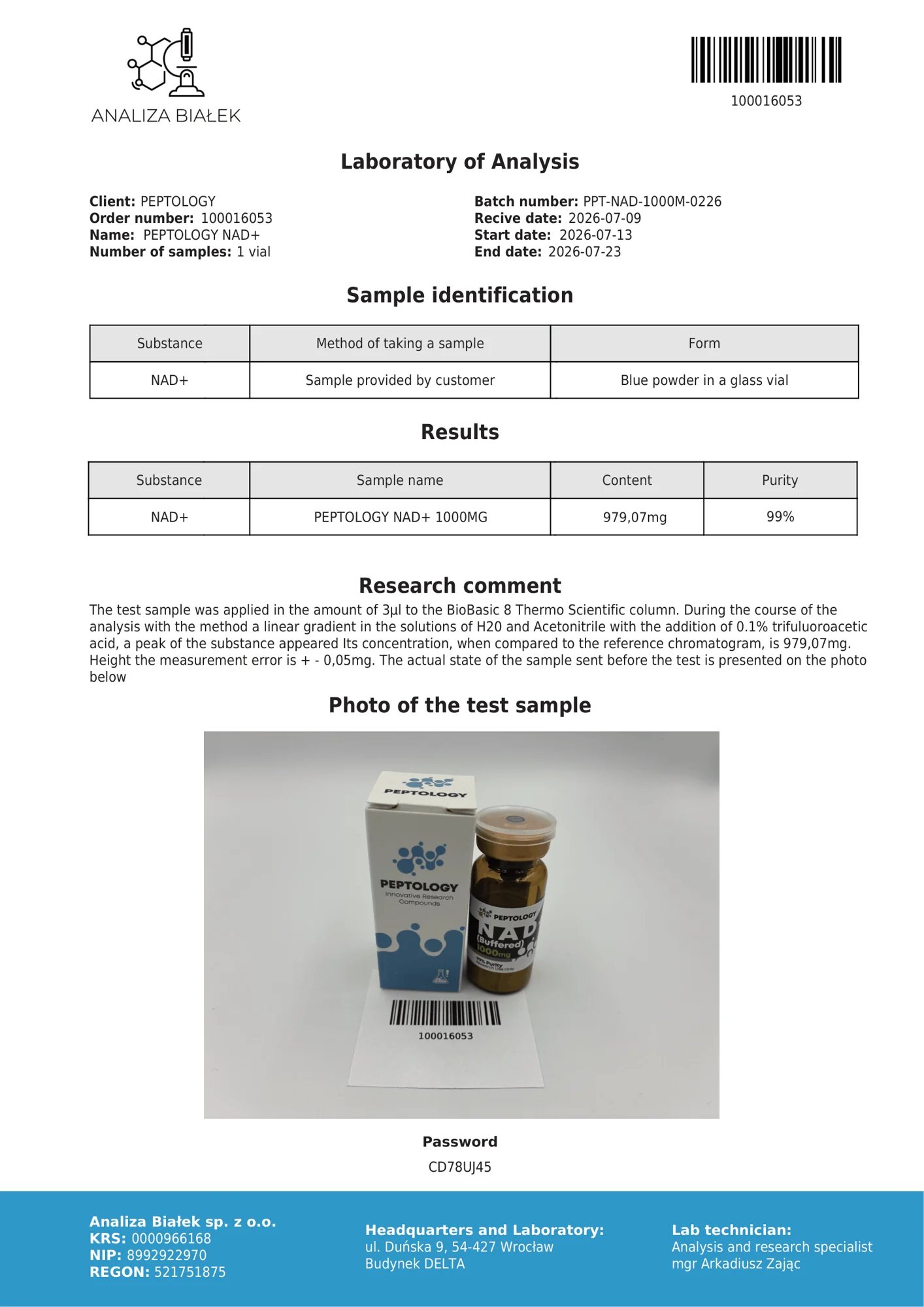 NAD+ 1000 mg – certifikát čistoty HPLC, šarže 0226