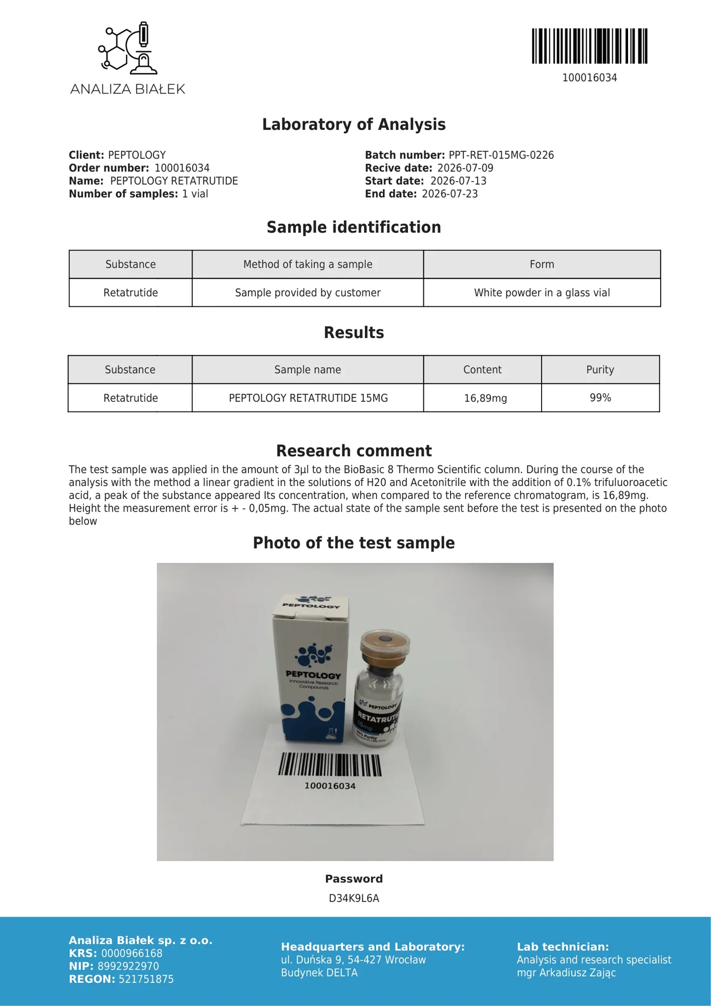 Retatrutide 15 mg – certifikát čistoty HPLC, šarže 0226