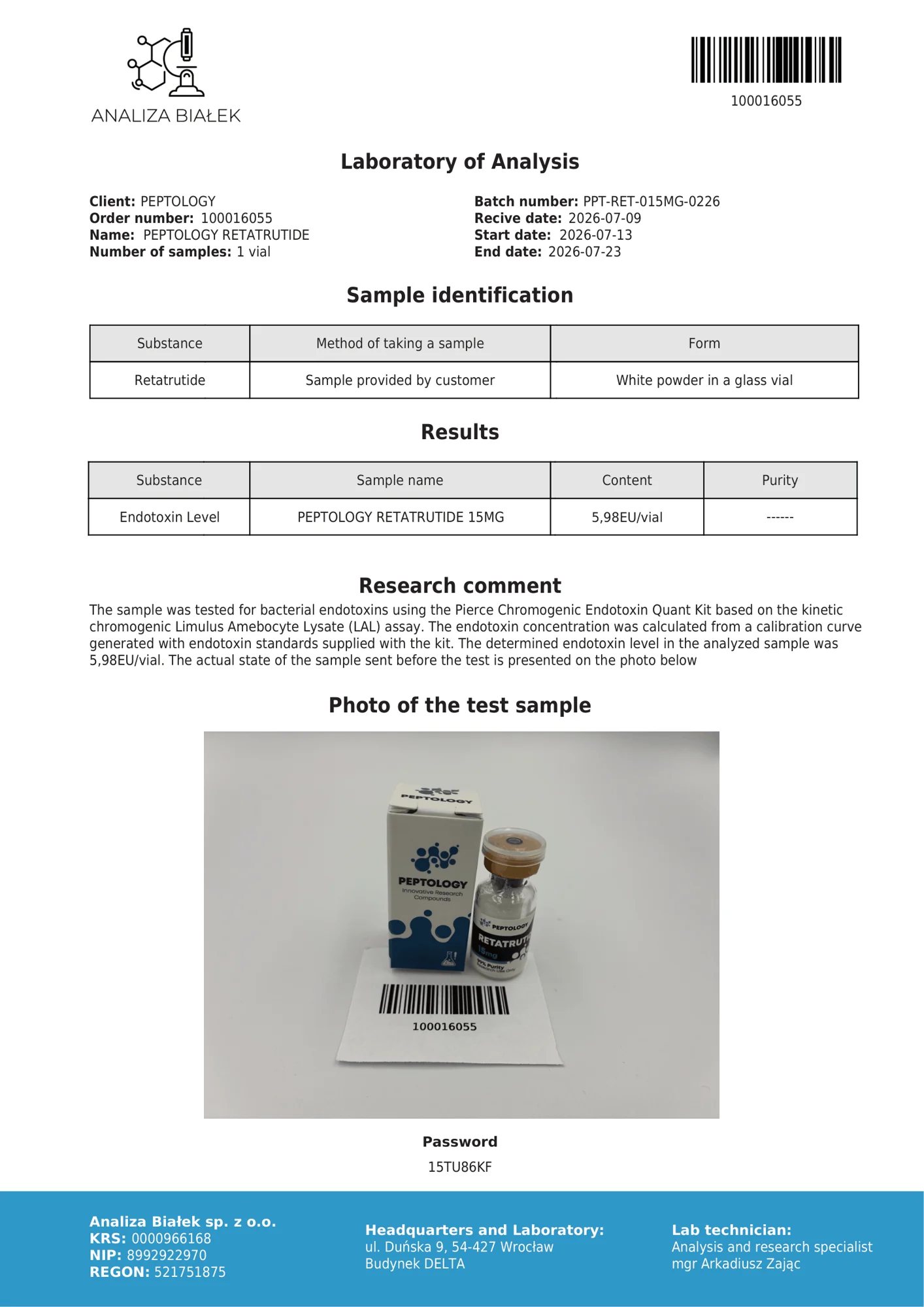Retatrutide 15 mg – test endotoxinů, šarže 0226