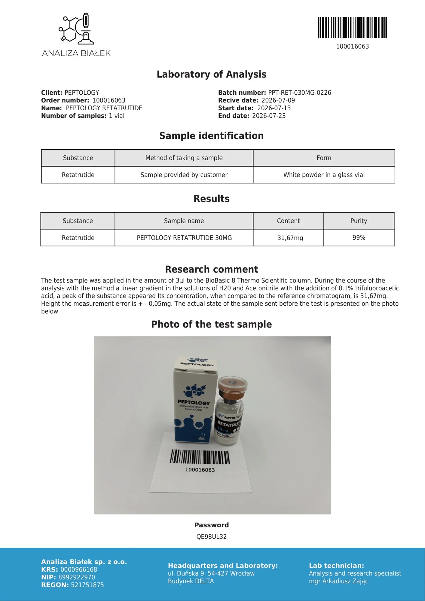 Retatrutide 30 mg – certifikát čistoty HPLC, šarže 0226