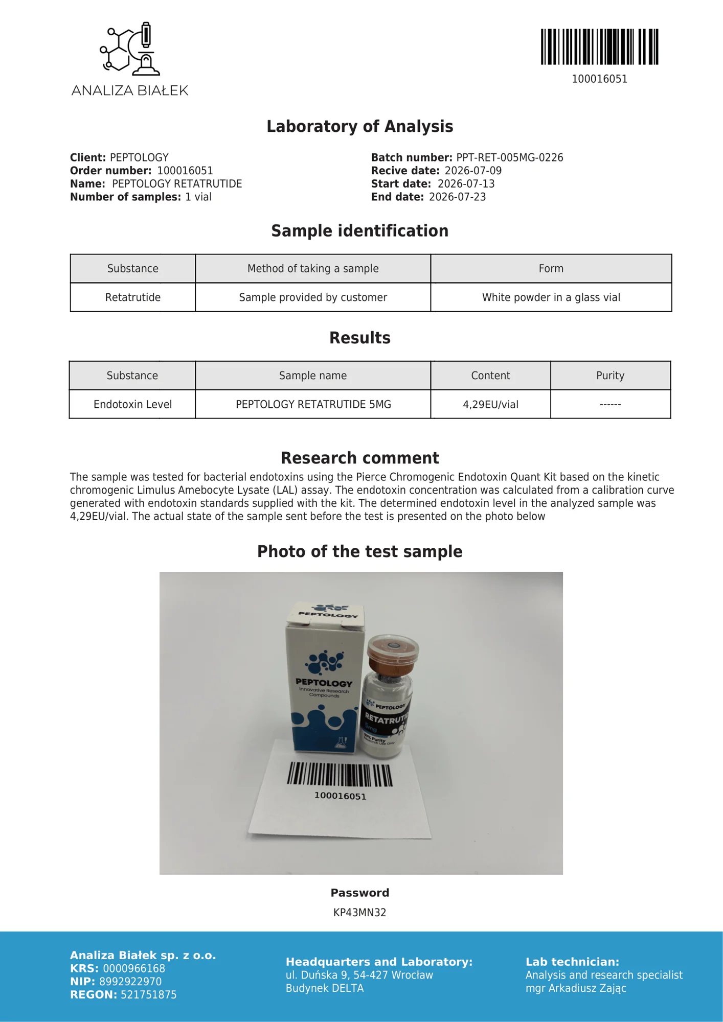 Retatrutide 5 mg – test endotoxinů, šarže 0226