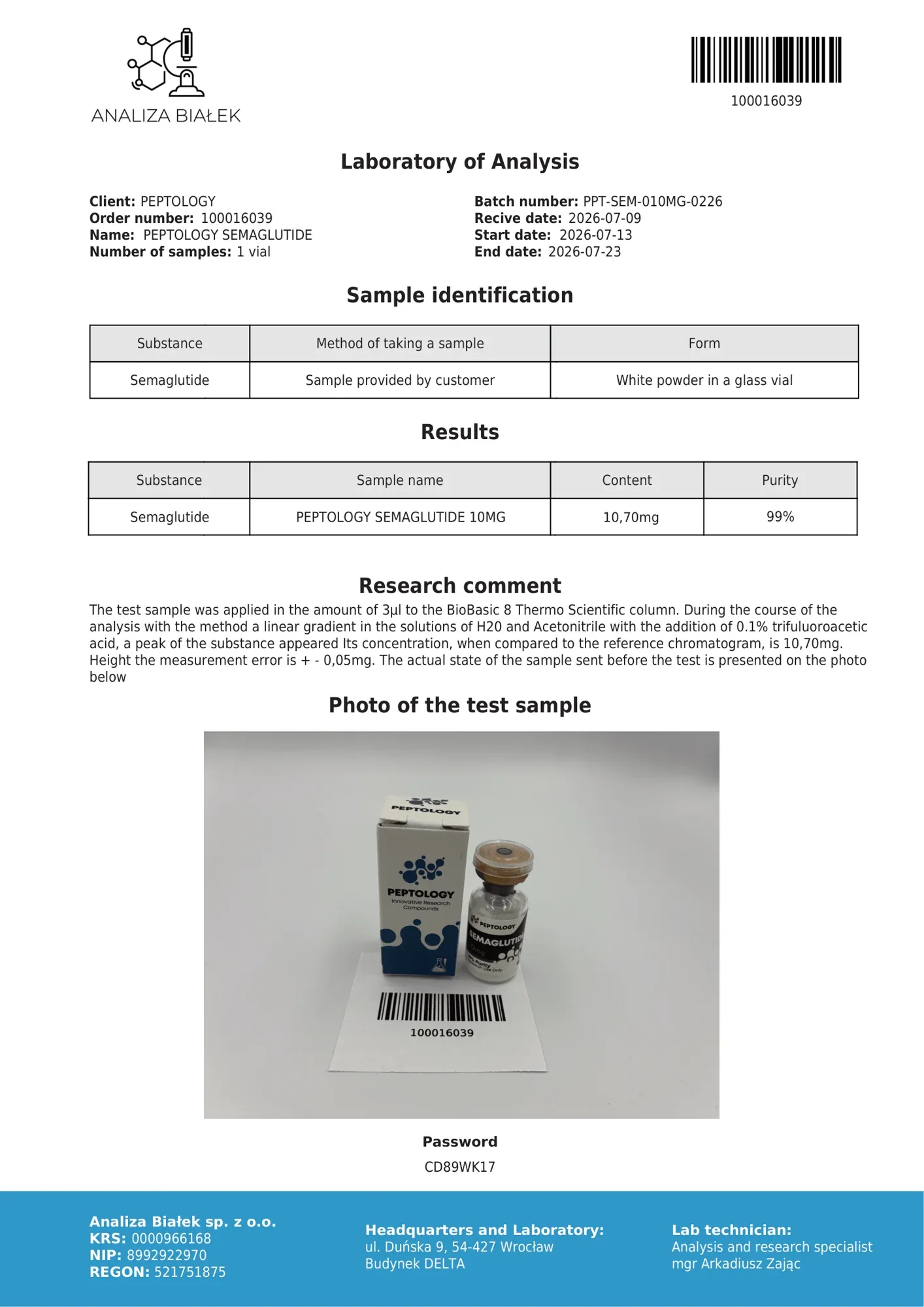 Semaglutide 10 mg – certifikát čistoty HPLC, šarže 0226