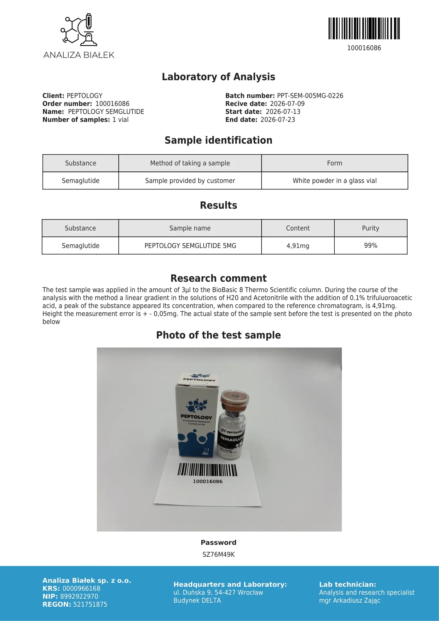 Semaglutide 5 mg – certifikát čistoty HPLC, šarže 0226